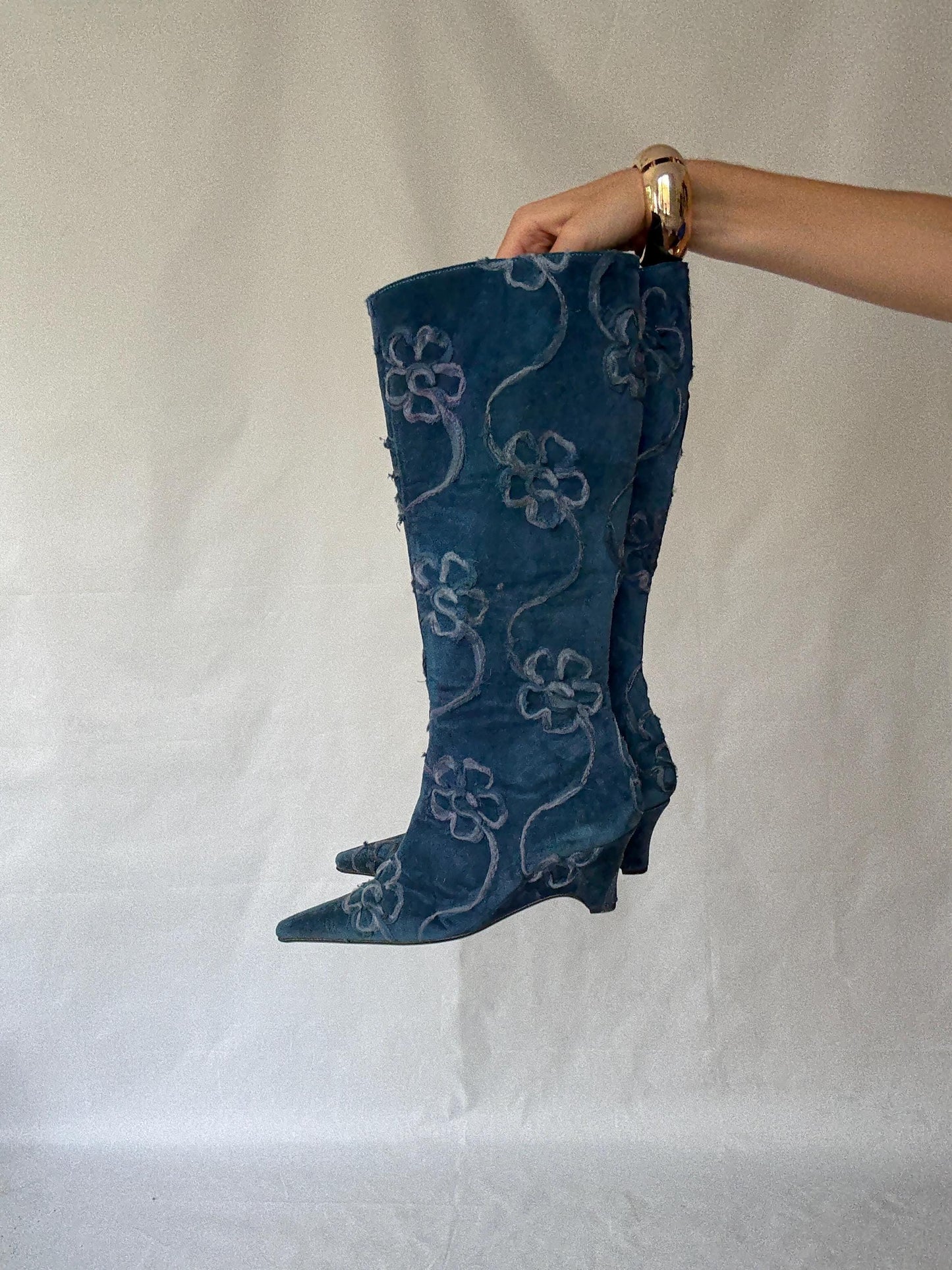 Vintage Maripaz Blue Floral Embroidered Boots with a Hint of Grunge Inspired by Boy George - US Size 9