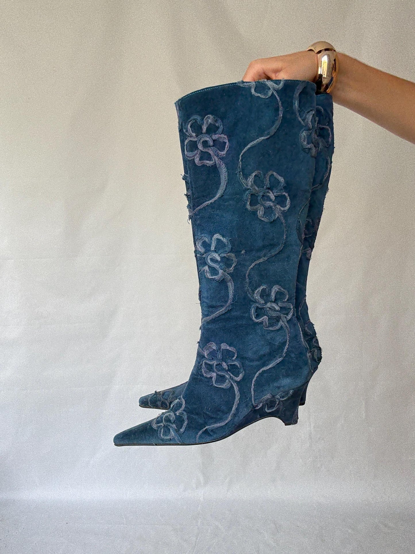 Vintage Maripaz Blue Floral Embroidered Boots with a Hint of Grunge Inspired by Boy George - US Size 9
