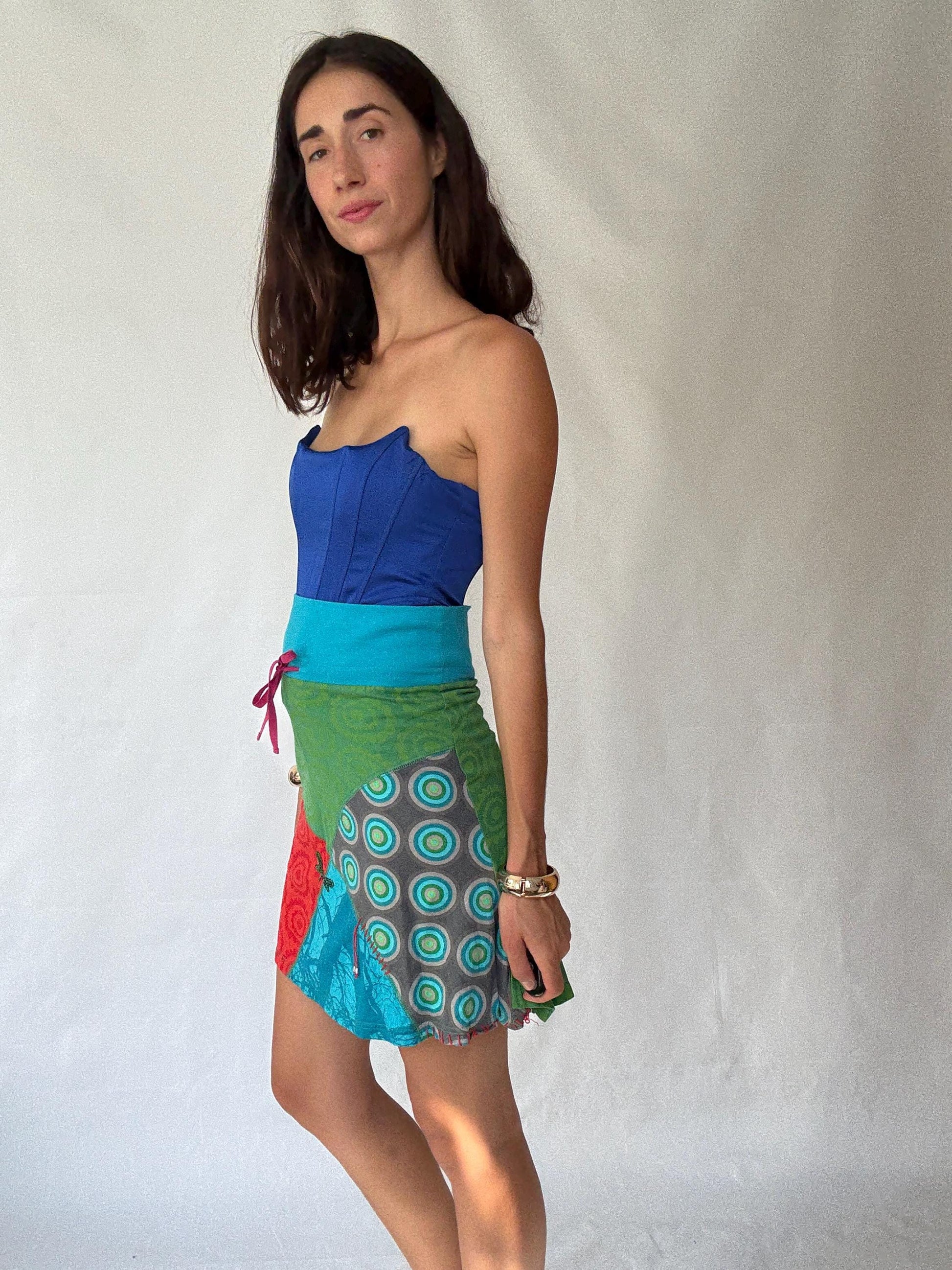 Eclectic Desigual Cotton Skirt with Vibrant Patterns and Patchwork in Turquoise, Green, Red, and Blue - Bohemian Style