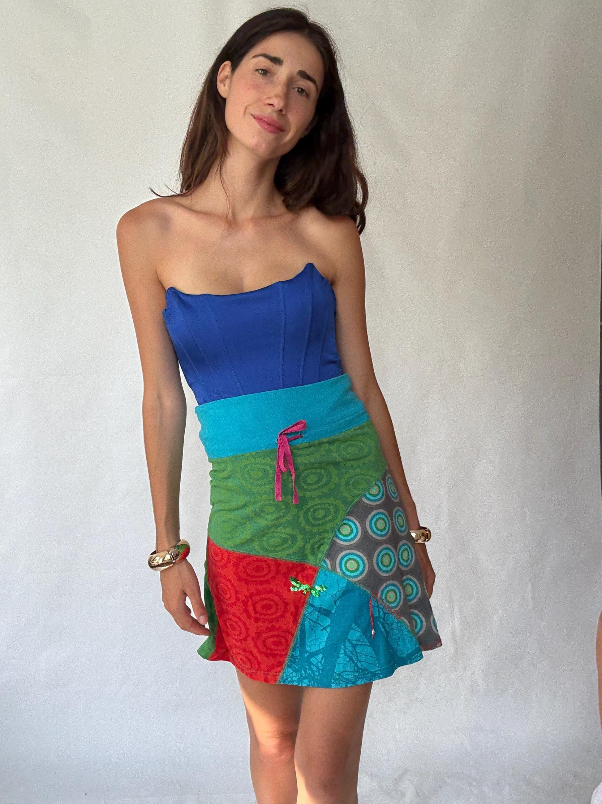 Eclectic Desigual Cotton Skirt with Vibrant Patterns and Patchwork in Turquoise, Green, Red, and Blue - Bohemian Style