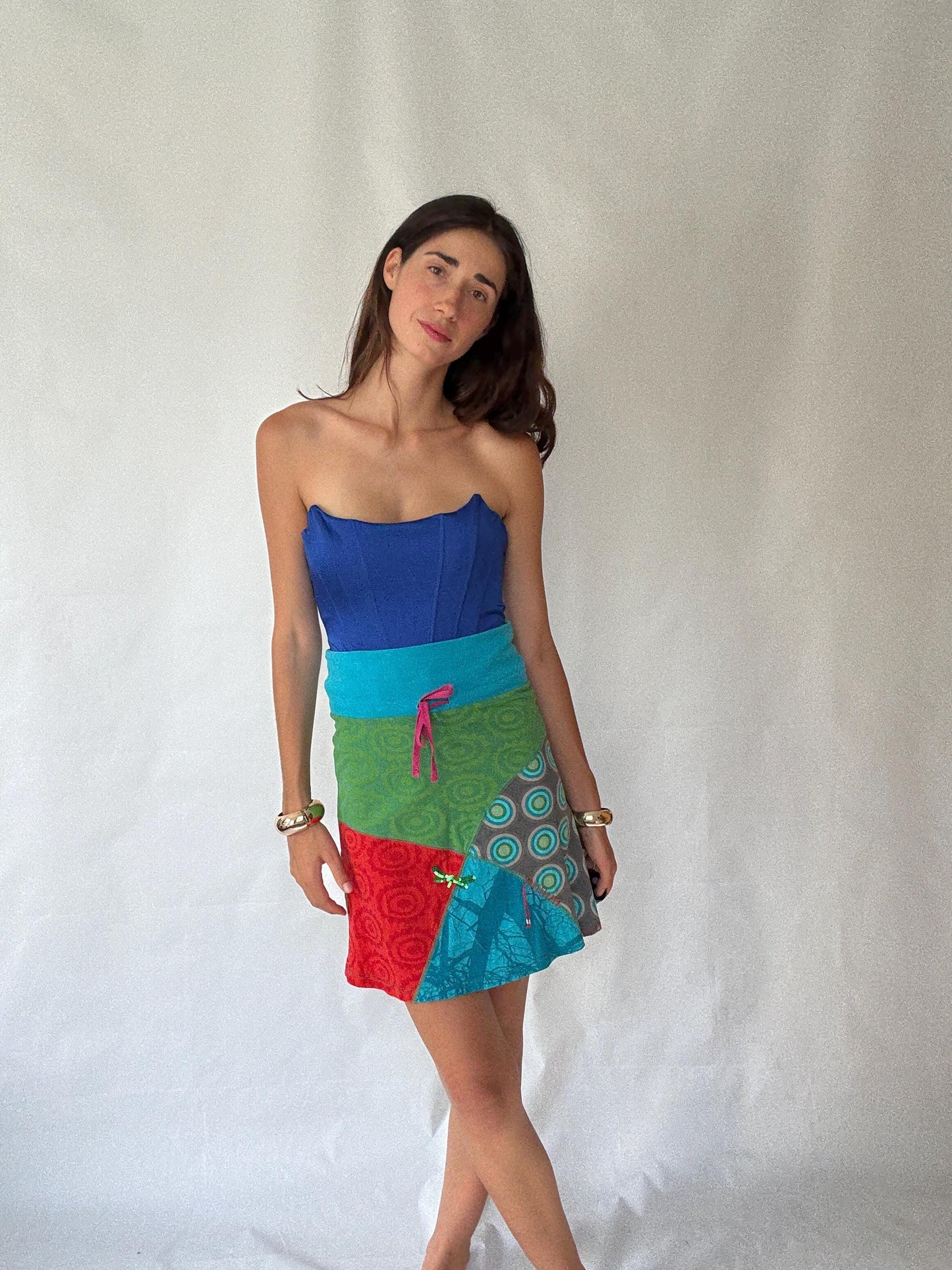 Eclectic Desigual Cotton Skirt with Vibrant Patterns and Patchwork in Turquoise, Green, Red, and Blue - Bohemian Style