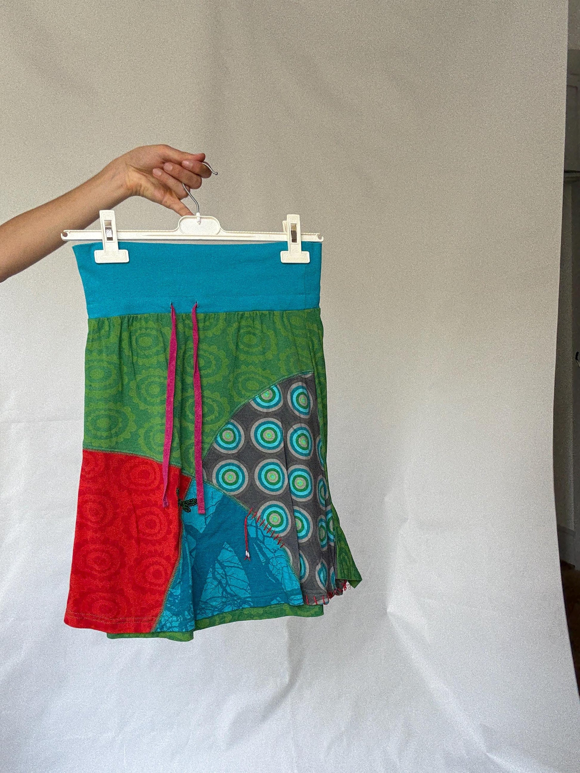 Eclectic Desigual Cotton Skirt with Vibrant Patterns and Patchwork in Turquoise, Green, Red, and Blue - Bohemian Style