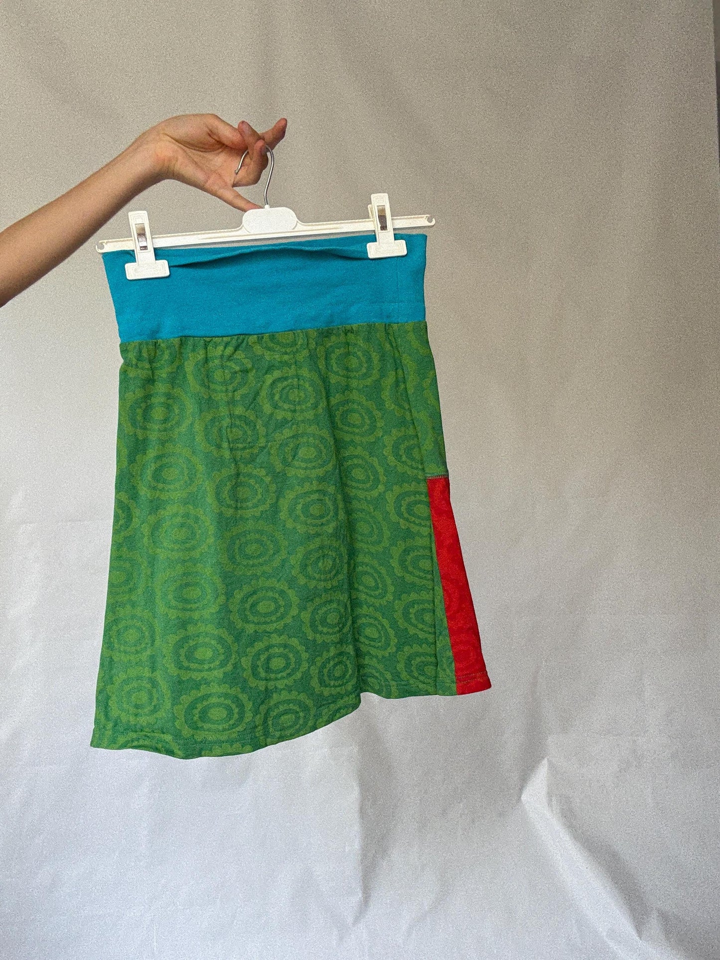 Eclectic Desigual Cotton Skirt with Vibrant Patterns and Patchwork in Turquoise, Green, Red, and Blue - Bohemian Style