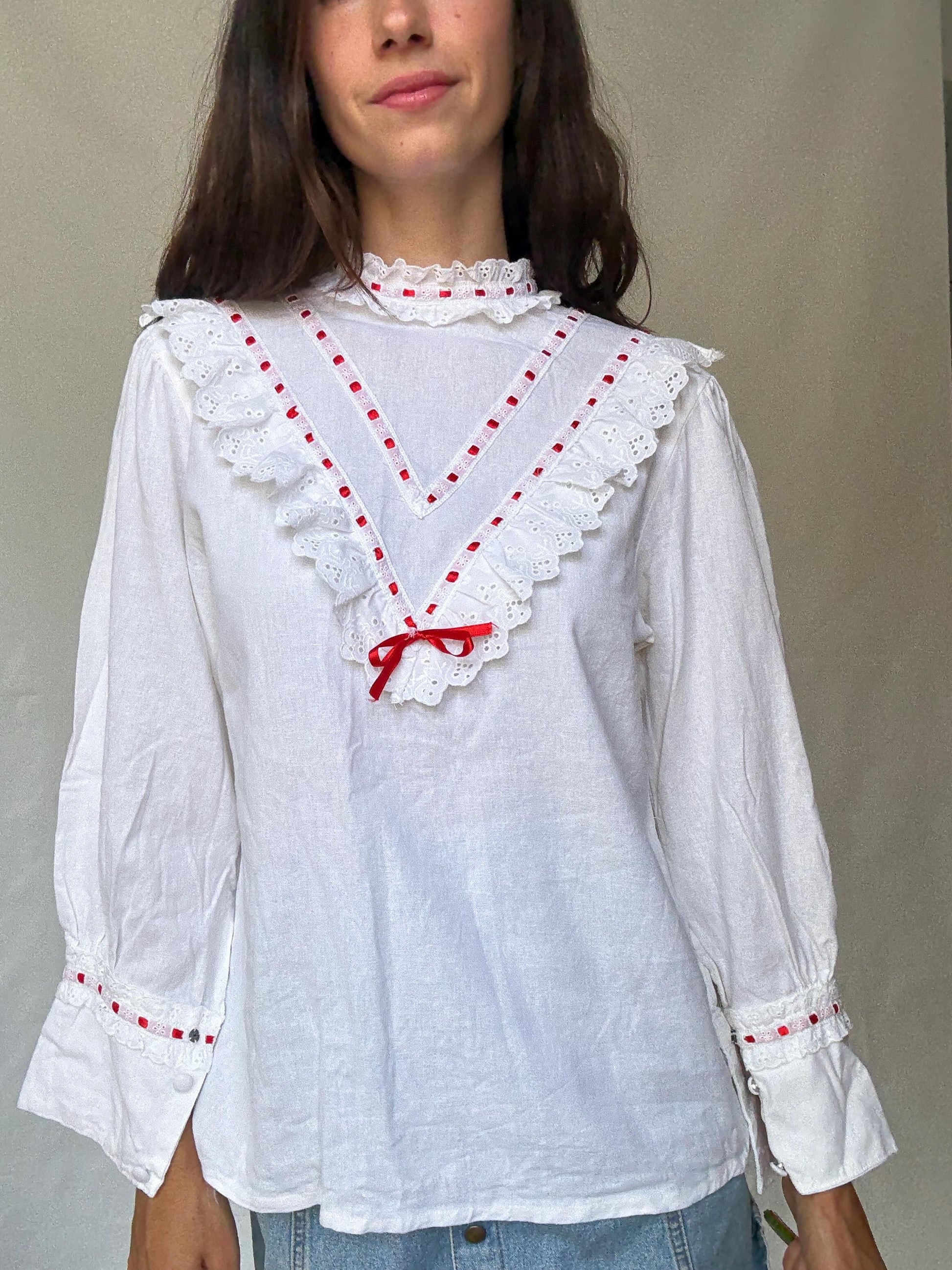 Vintage white lace blouse, linen viscose blend, relaxed fit, red ribbon detail, cottagecore folklore, US L, feminine style