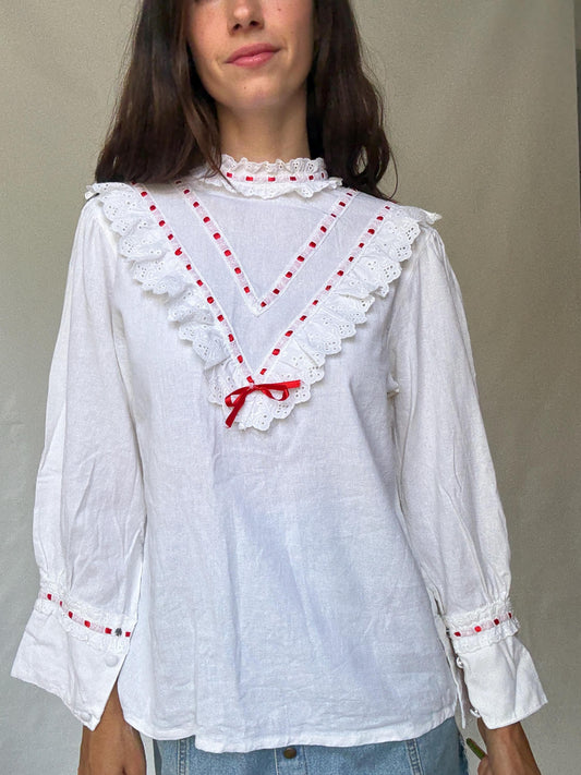 Vintage white lace blouse, linen viscose blend, relaxed fit, red ribbon detail, cottagecore folklore, US L, feminine style