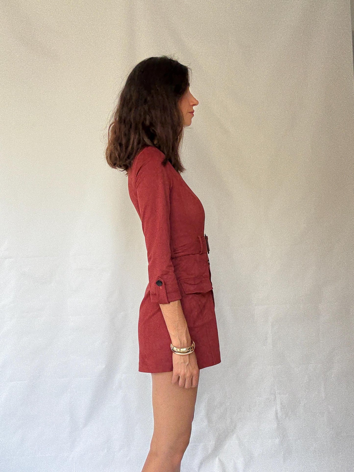 Morgan deep red romper, cotton feel, tailored fit, v, neck, fabric belt, front flap pockets, elegant, US XS, party evening wear