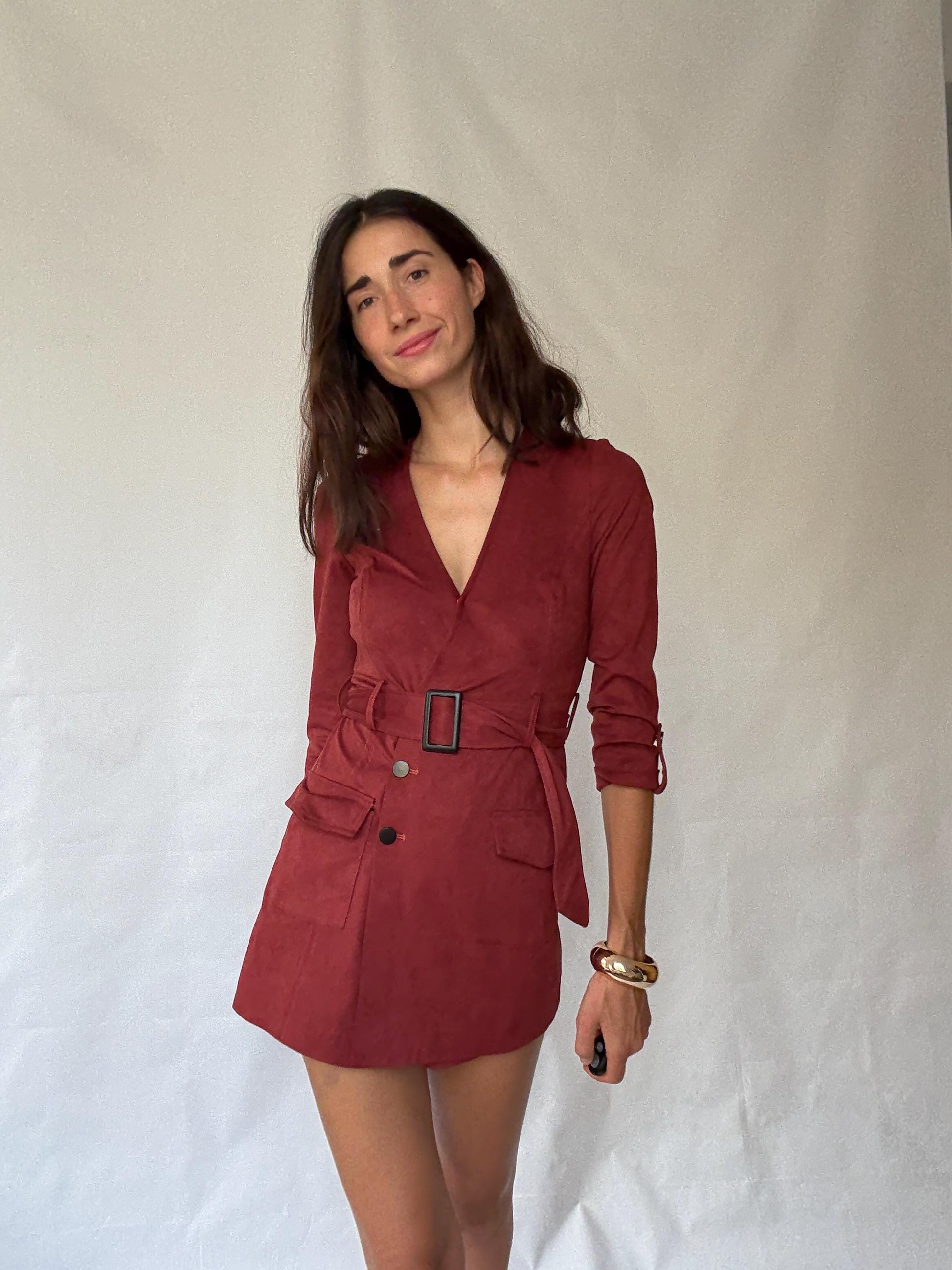 Morgan deep red romper, cotton feel, tailored fit, v, neck, fabric belt, front flap pockets, elegant, US XS, party evening wear