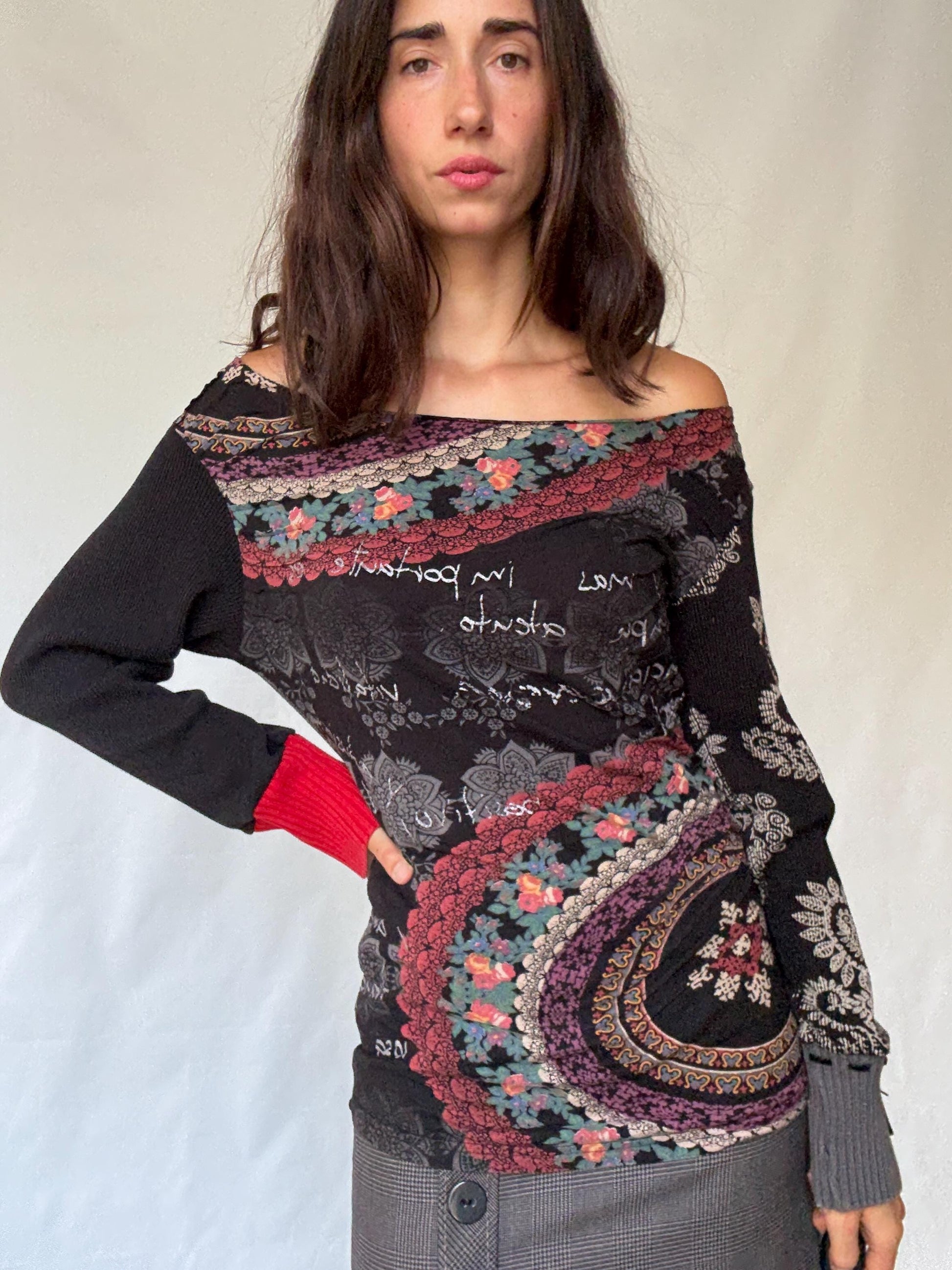 Bohemian Desigual Off-Shoulder Shirt with Vibrant Patterns in Cotton Blend, Fits Oversized and Flowy - Inspired by Hilary Duff Style, Size L