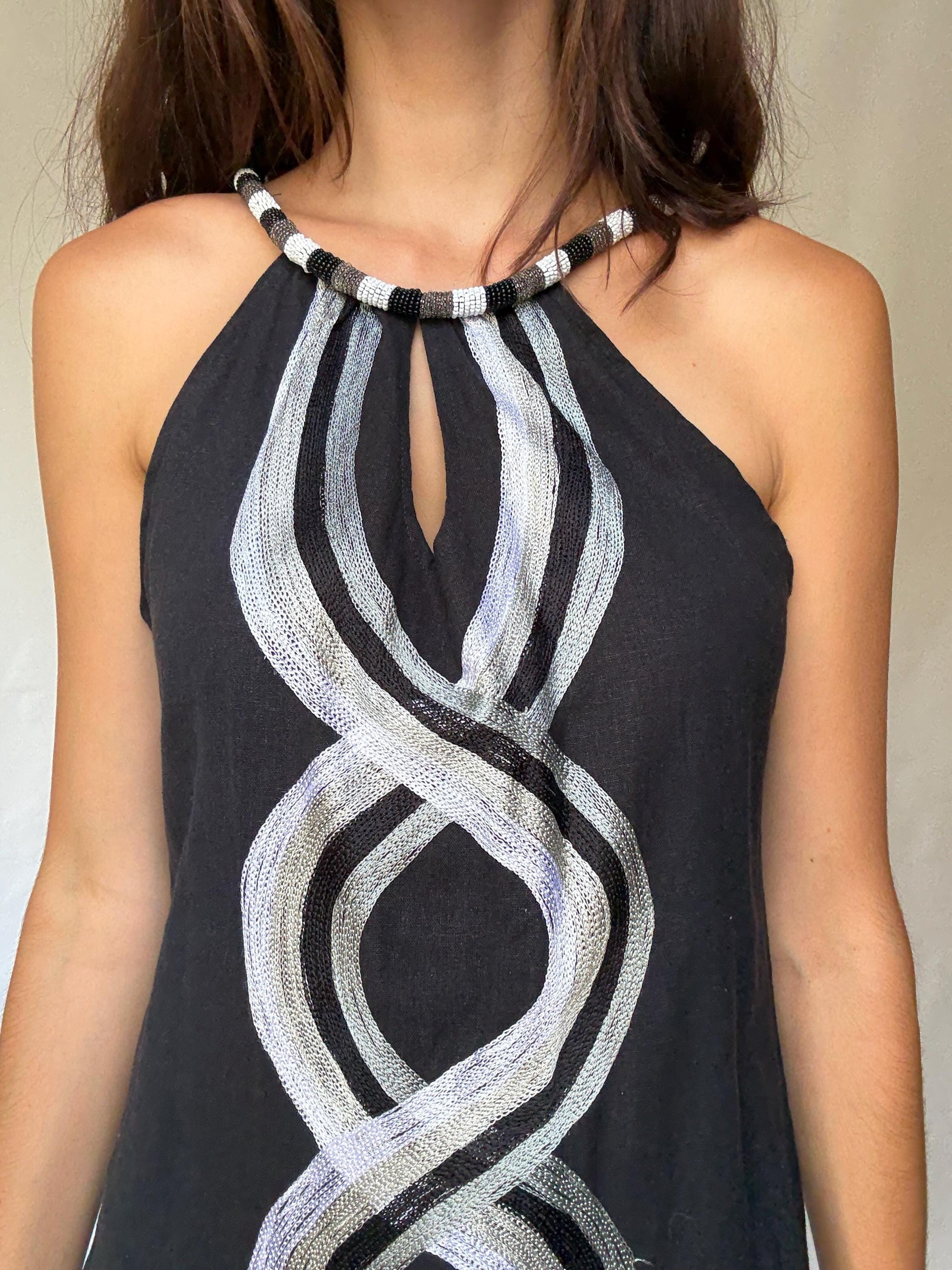 Vintage Sleeveless Dress with Beaded Halter Neckline, 50% Linen Lightweight Fabric, Designed in Canary Islands, Indie Sleaze Style, Size S