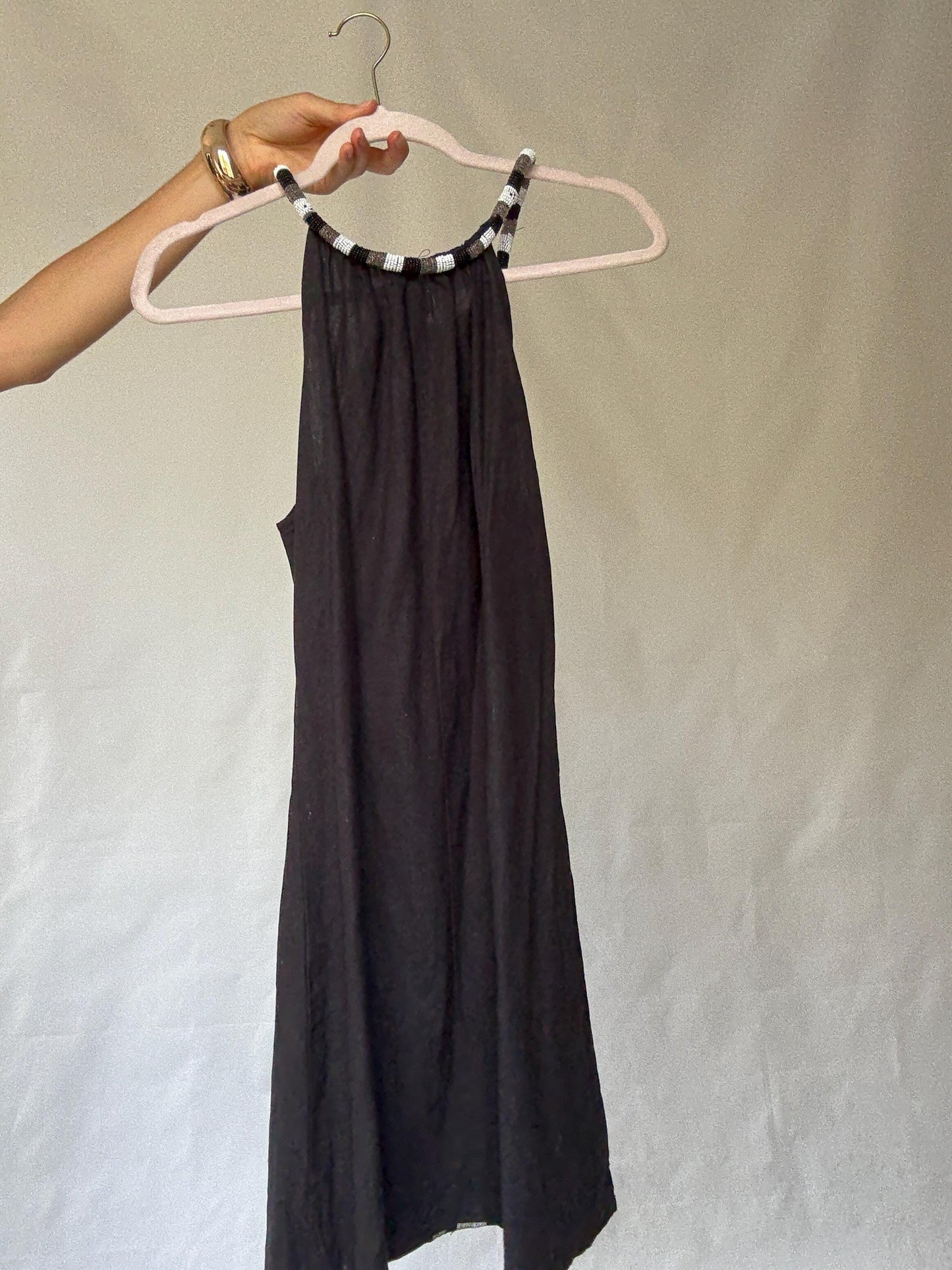 Vintage Sleeveless Dress with Beaded Halter Neckline, 50% Linen Lightweight Fabric, Designed in Canary Islands, Indie Sleaze Style, Size S