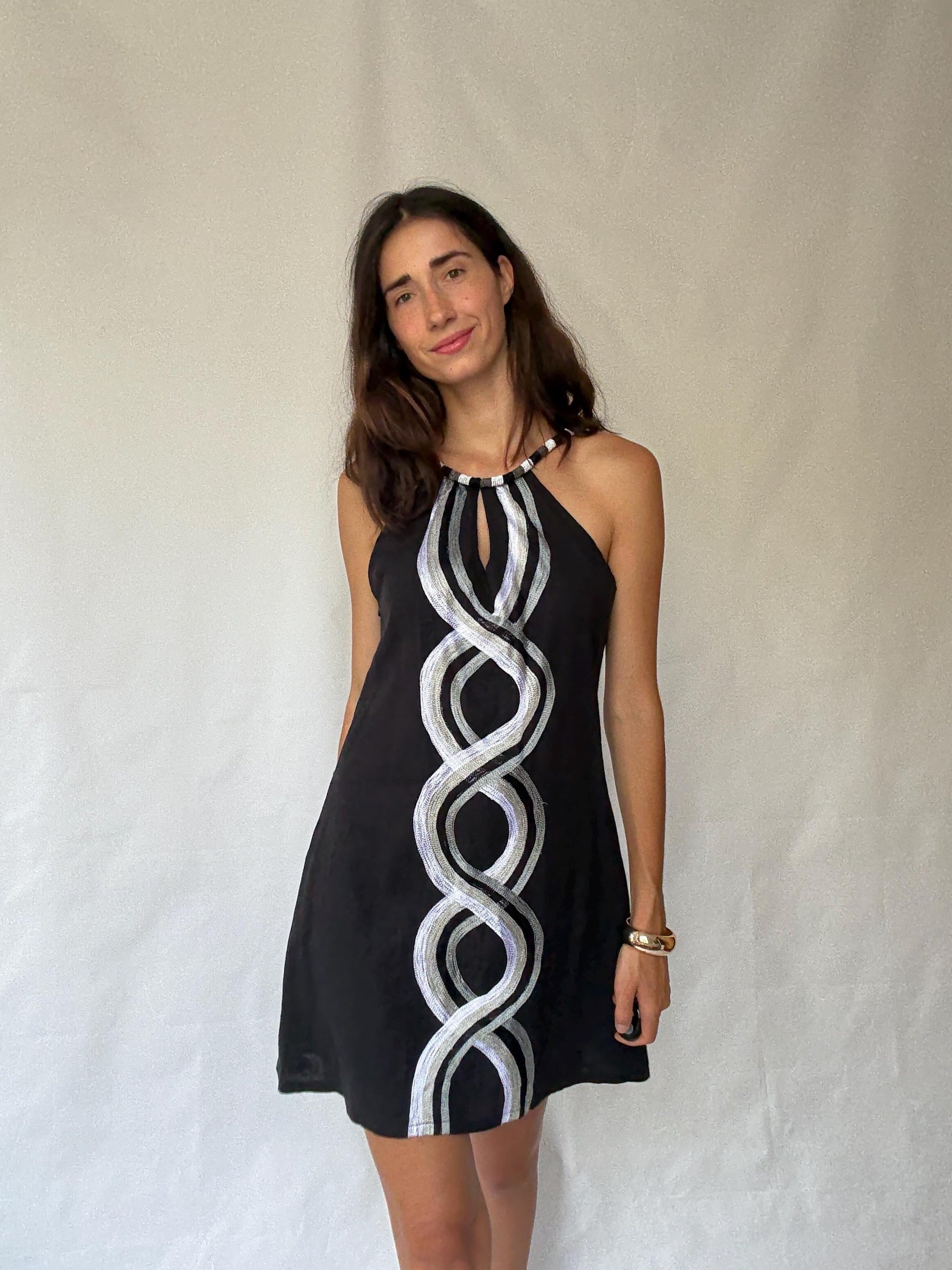 Vintage Sleeveless Dress with Beaded Halter Neckline, 50% Linen Lightweight Fabric, Designed in Canary Islands, Indie Sleaze Style, Size S