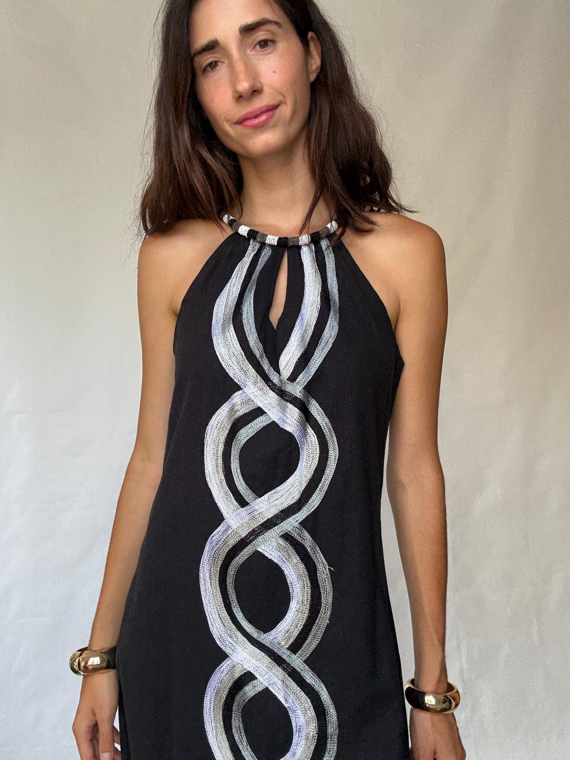 Vintage Sleeveless Dress with Beaded Halter Neckline, 50% Linen Lightweight Fabric, Designed in Canary Islands, Indie Sleaze Style, Size S