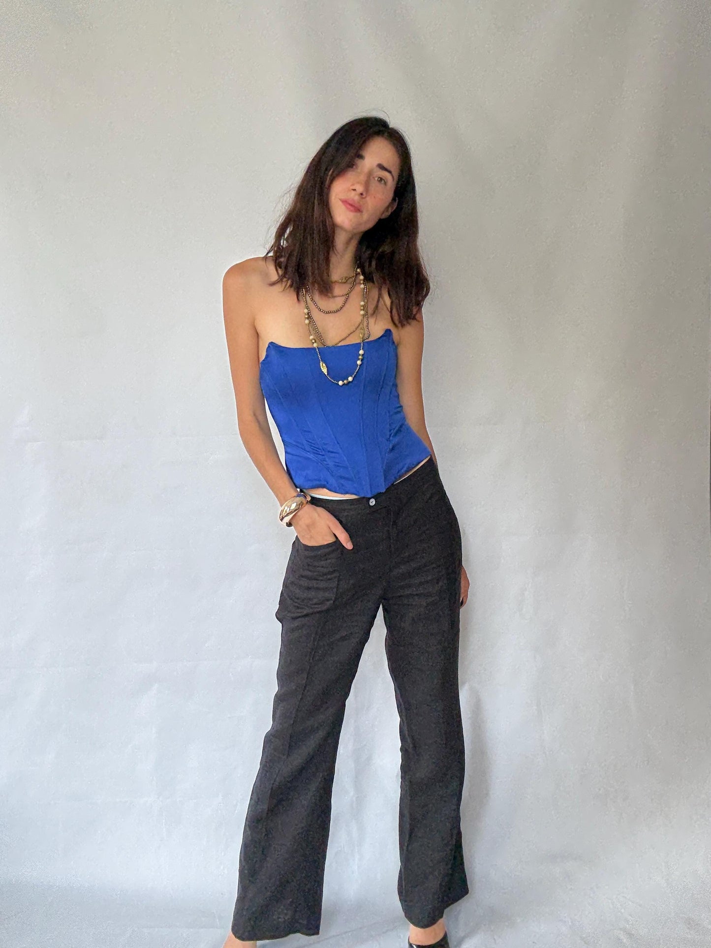 Versatile Black Full-Length Flared Pants with Extra Button - Ideal for Various Occasions in Vintage Style - Recommended Size S/M