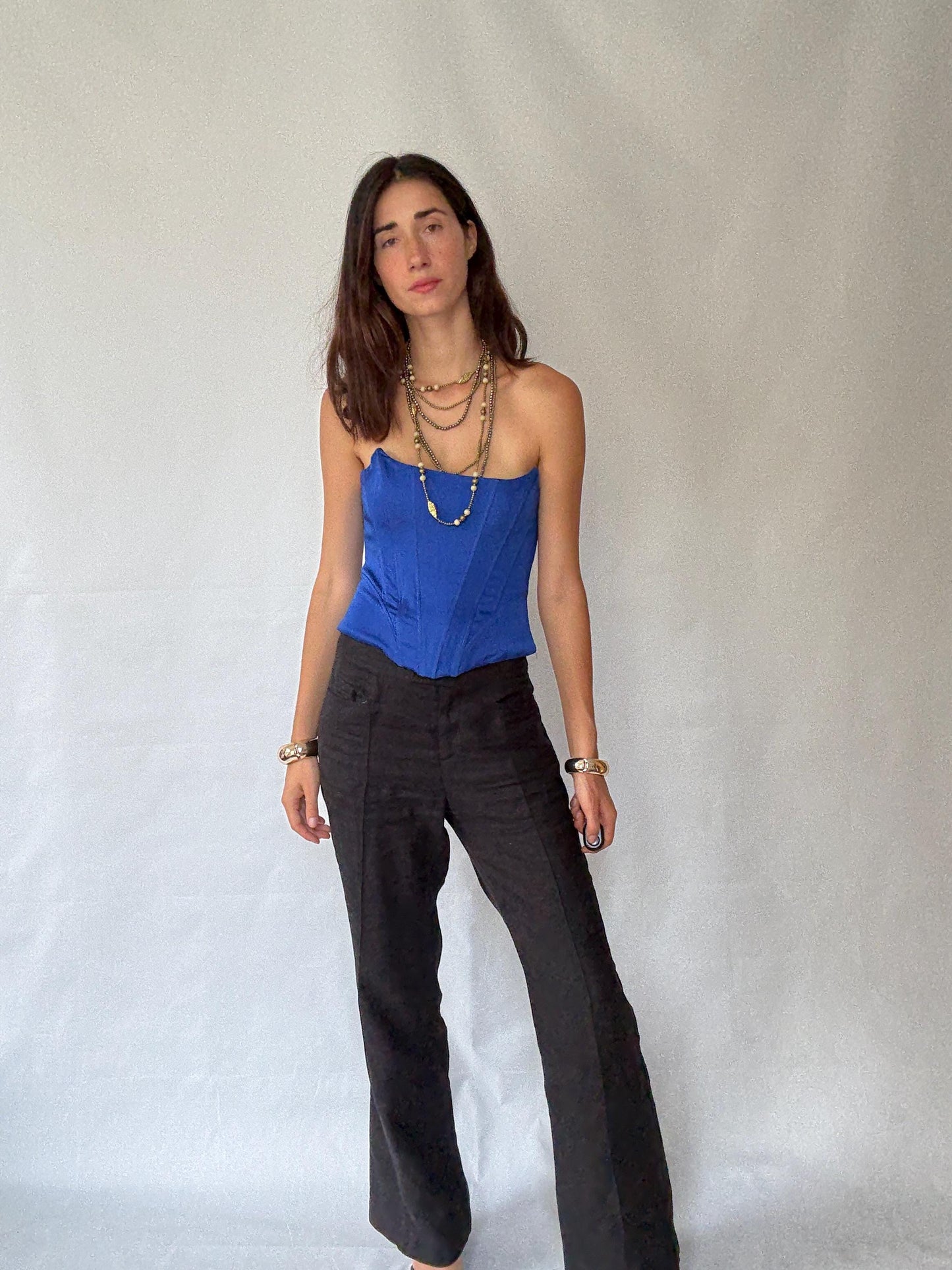 Versatile Black Full-Length Flared Pants with Extra Button - Ideal for Various Occasions in Vintage Style - Recommended Size S/M