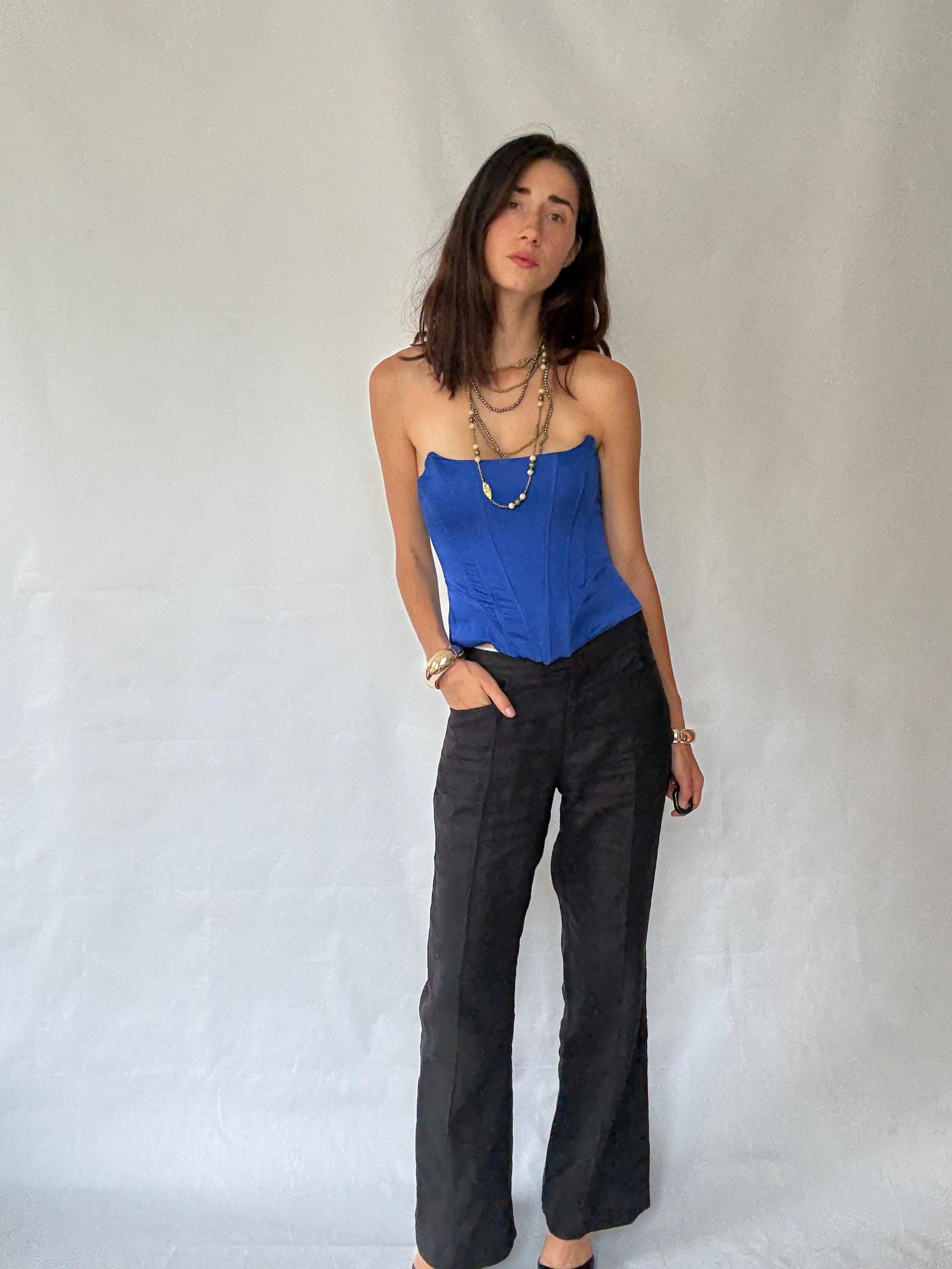 Versatile Black Full-Length Flared Pants with Extra Button - Ideal for Various Occasions in Vintage Style - Recommended Size S/M