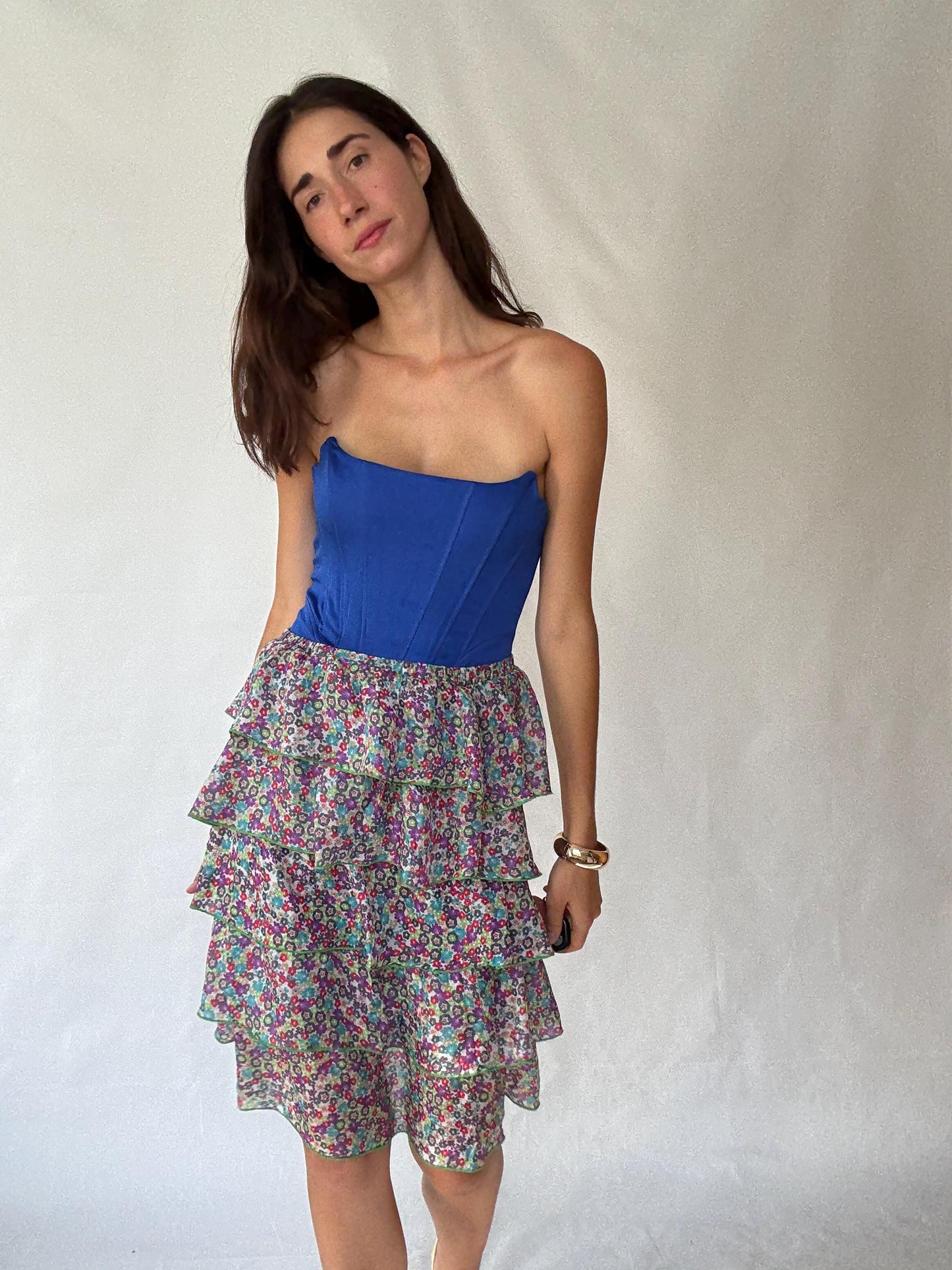 Vintage Inspired Floral Tiered Skirt in 100% Silk with Flowing Layers, Light Academic Style - US Sized Medium with Elegant Ruffles