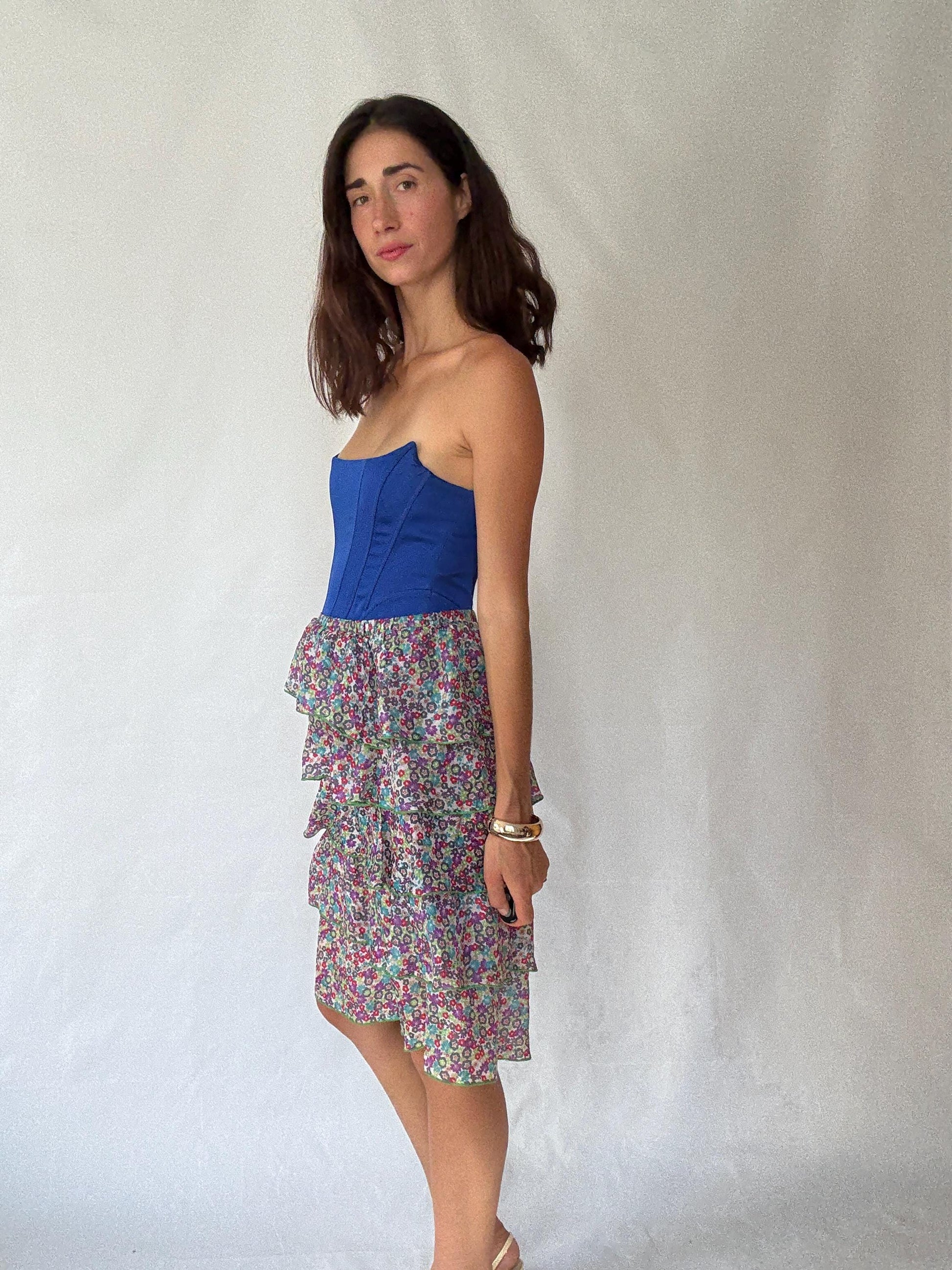 Vintage Inspired Floral Tiered Skirt in 100% Silk with Flowing Layers, Light Academic Style - US Sized Medium with Elegant Ruffles