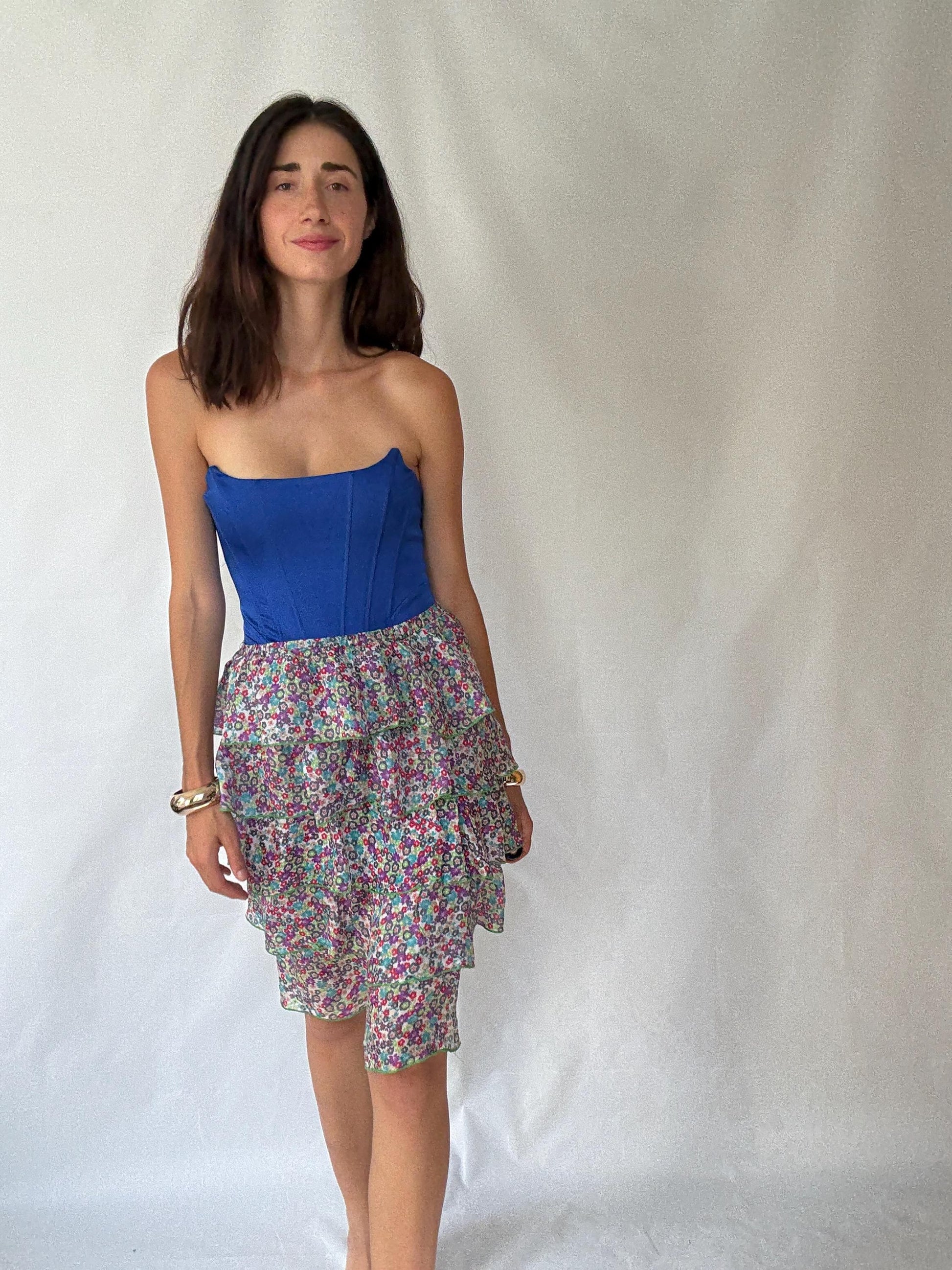 Vintage Inspired Floral Tiered Skirt in 100% Silk with Flowing Layers, Light Academic Style - US Sized Medium with Elegant Ruffles