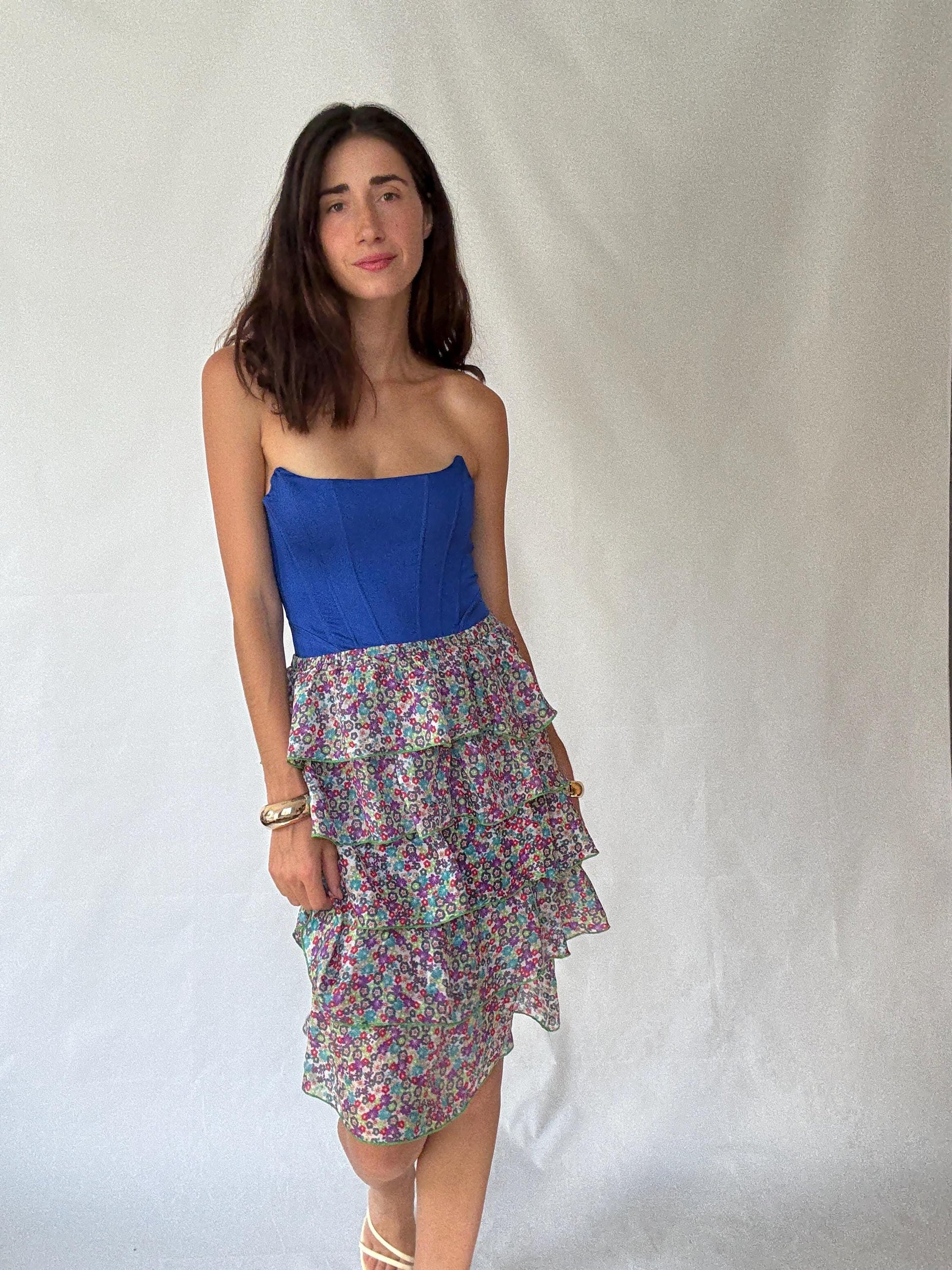 Vintage Inspired Floral Tiered Skirt in 100% Silk with Flowing Layers, Light Academic Style - US Sized Medium with Elegant Ruffles