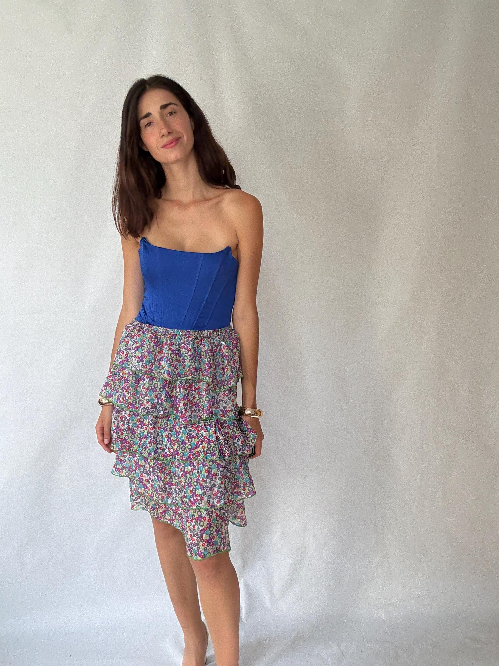 Vintage Inspired Floral Tiered Skirt in 100% Silk with Flowing Layers, Light Academic Style - US Sized Medium with Elegant Ruffles