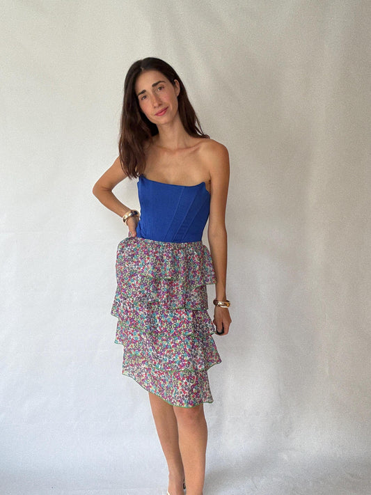 Vintage Inspired Floral Tiered Skirt in 100% Silk with Flowing Layers, Light Academic Style - US Sized Medium with Elegant Ruffles