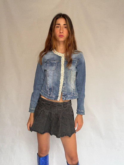 Pearl-Trimmed Vintage Denim Jacket — back view