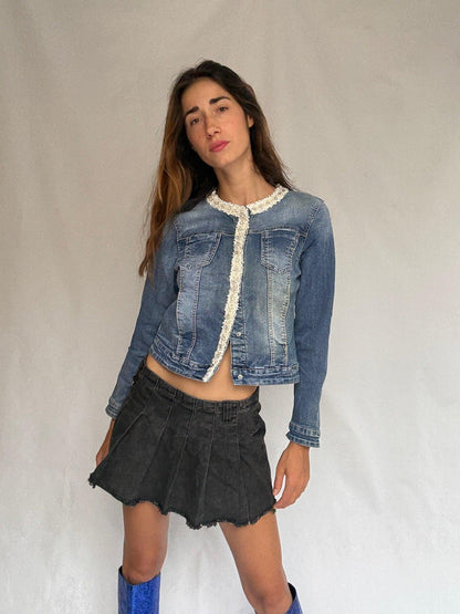 Pearl-Trimmed Vintage Denim Jacket — fabric close-up