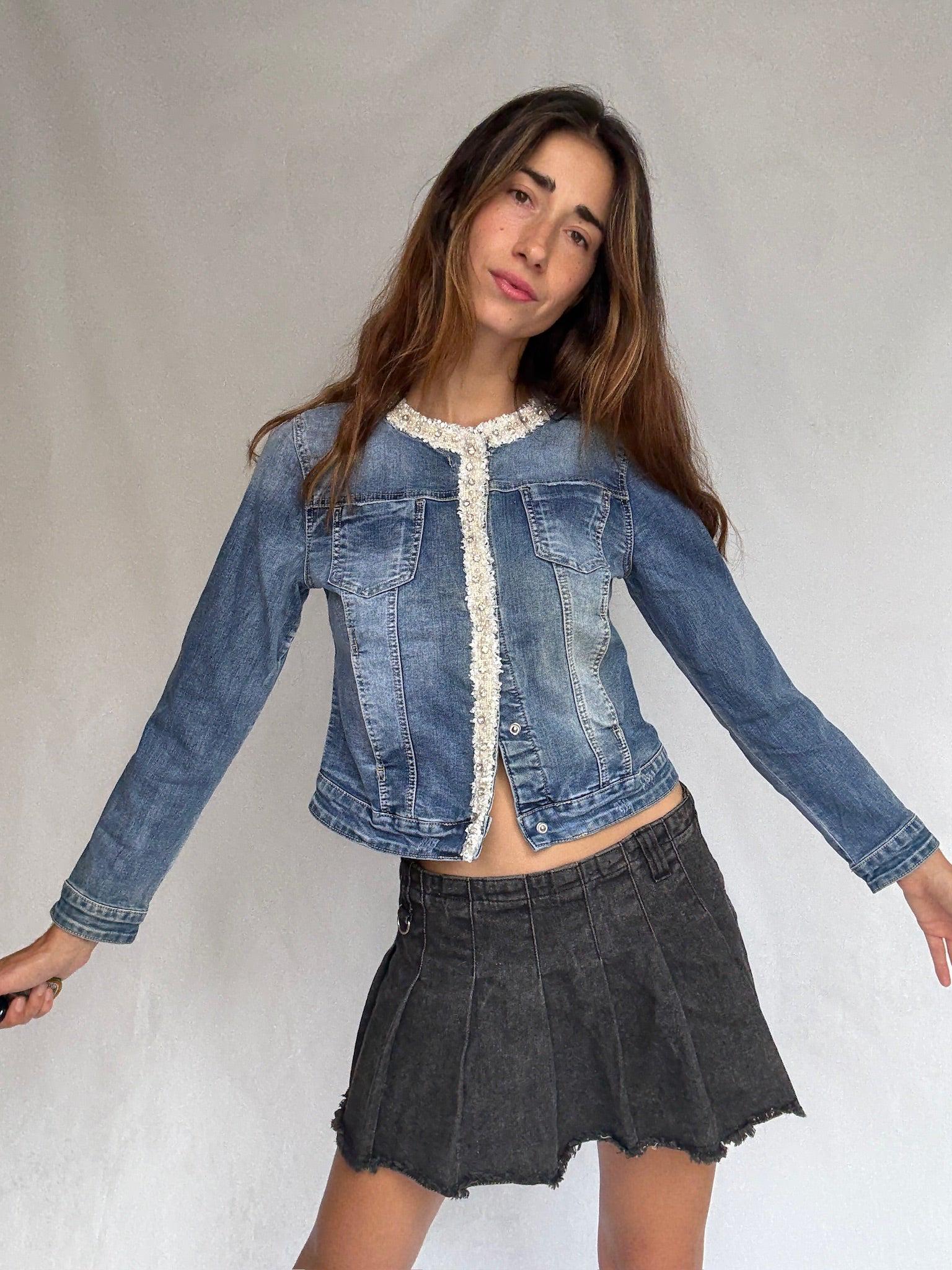 Pearl-Trimmed Vintage Denim Jacket — additional view 5