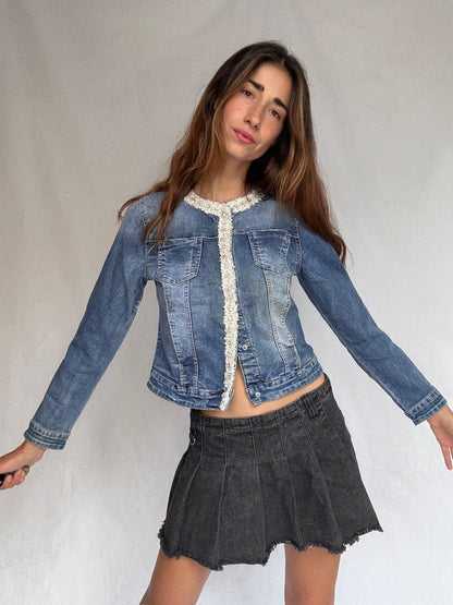 Pearl-Trimmed Vintage Denim Jacket — additional view 5