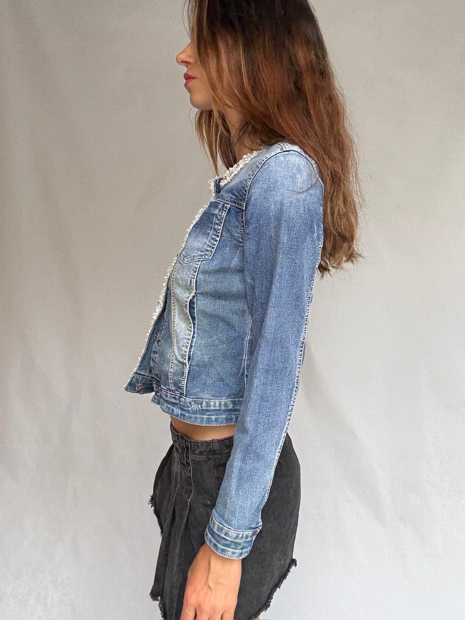 Pearl-Trimmed Vintage Denim Jacket — additional view 6
