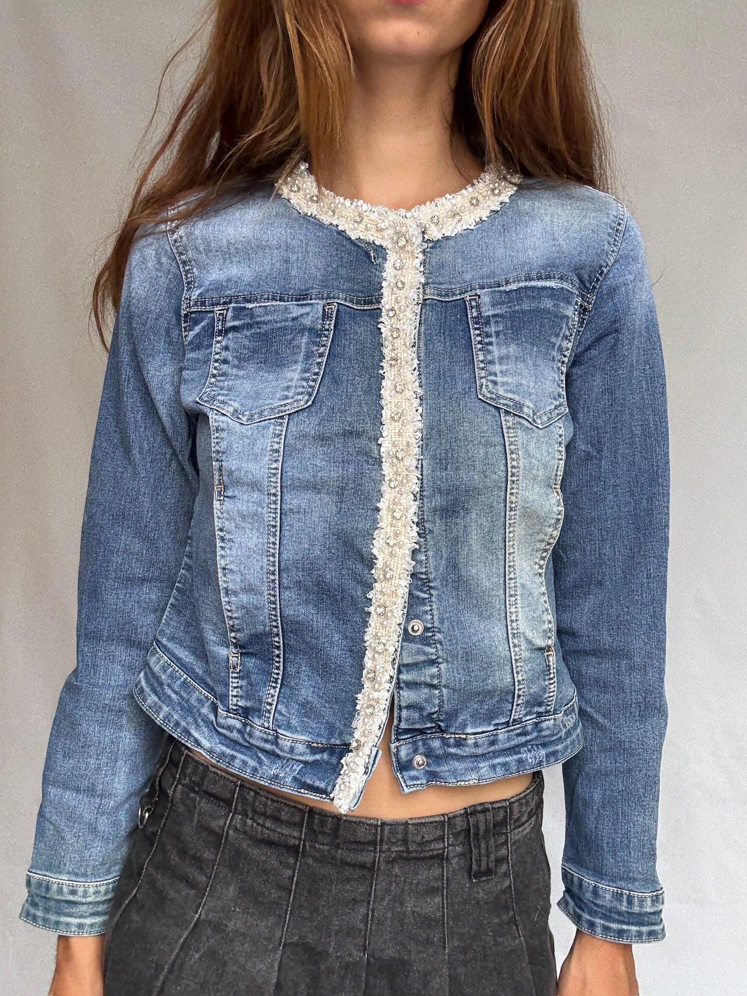 Pearl-Trimmed Vintage Denim Jacket — additional view 7