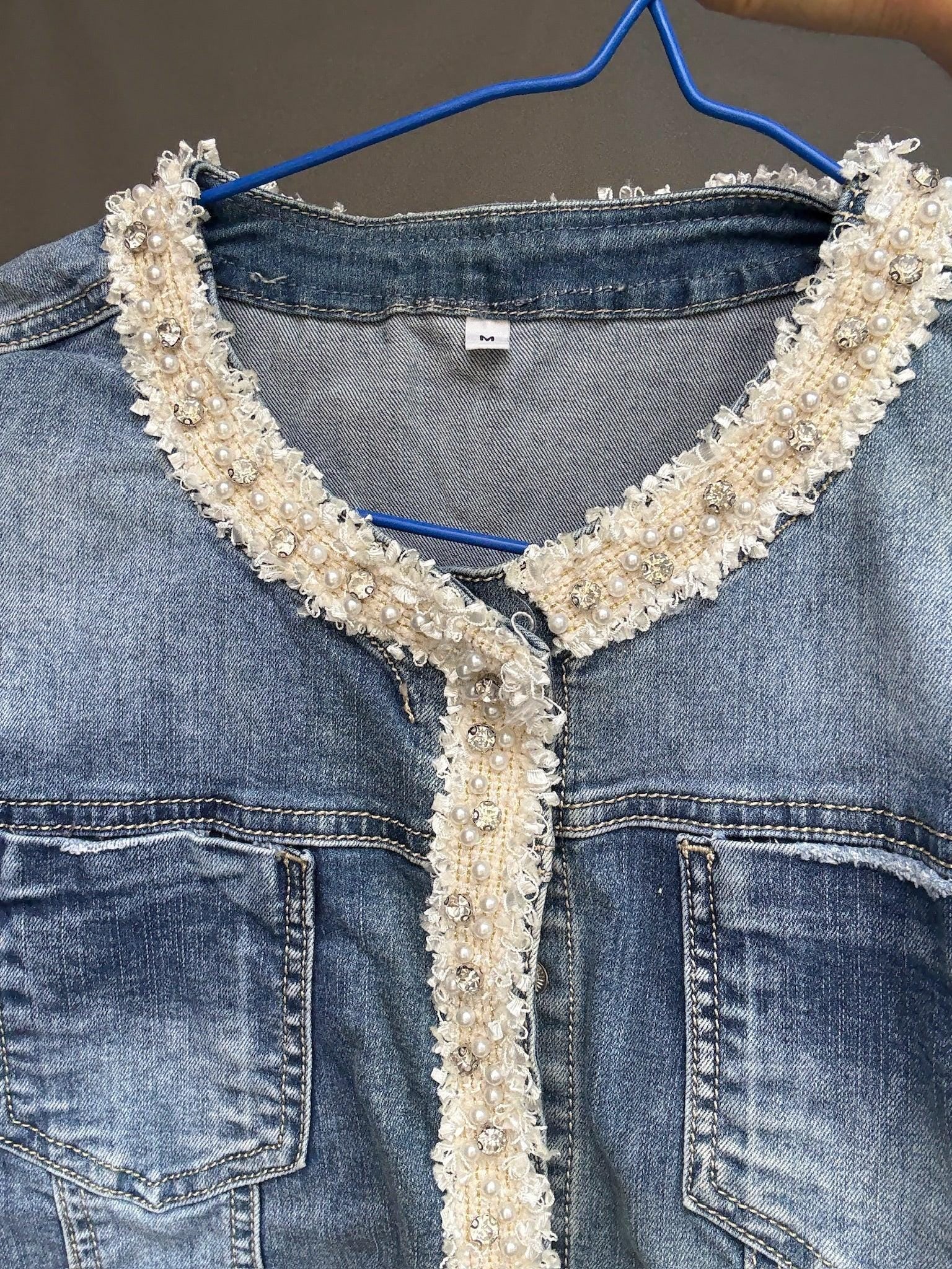 Pearl-Trimmed Vintage Denim Jacket — additional view 8