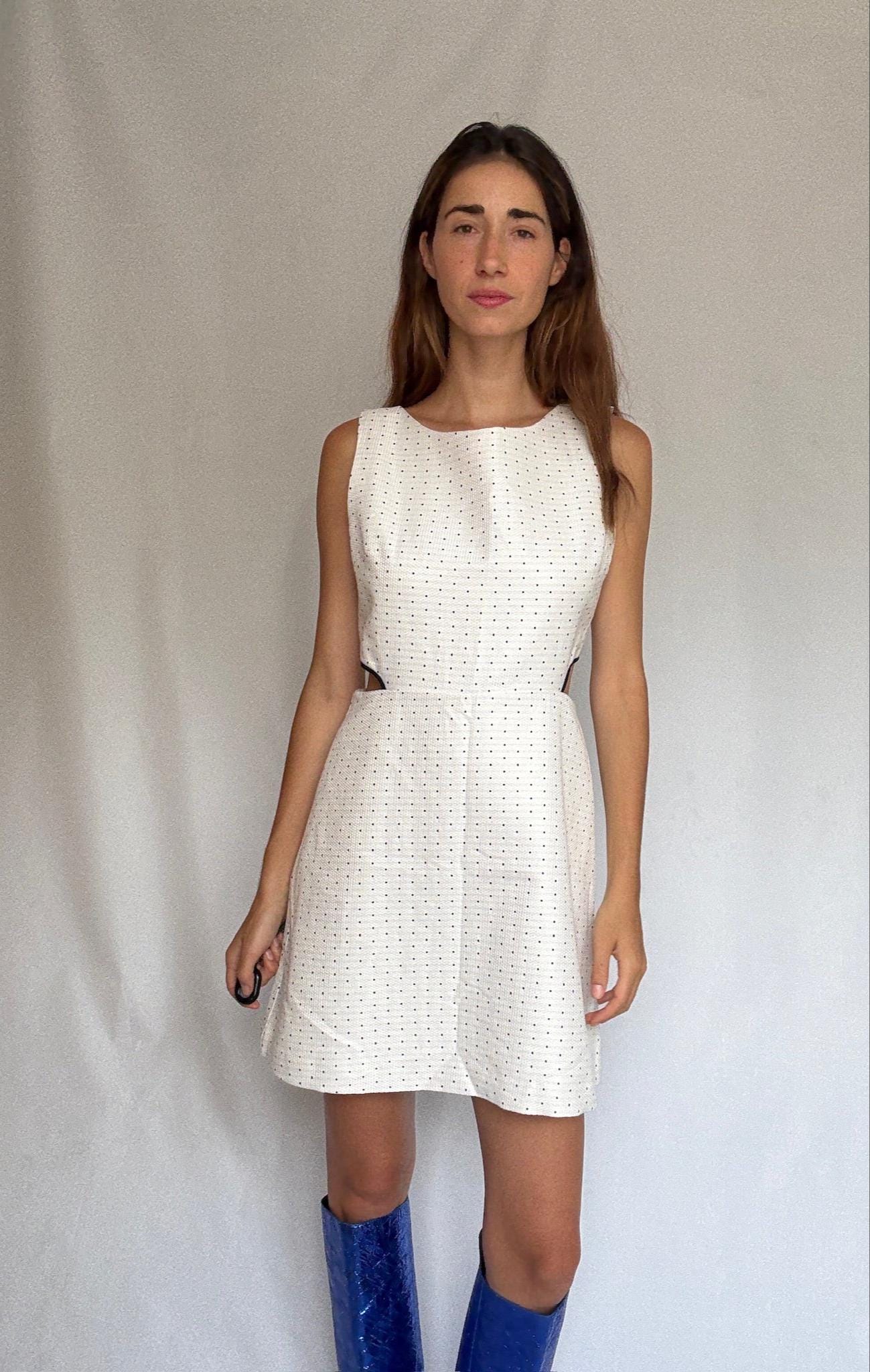 Naf Naf cotton mini dress with side cutouts and back zip US letter size M White with navy dots, structured sleeveless fit