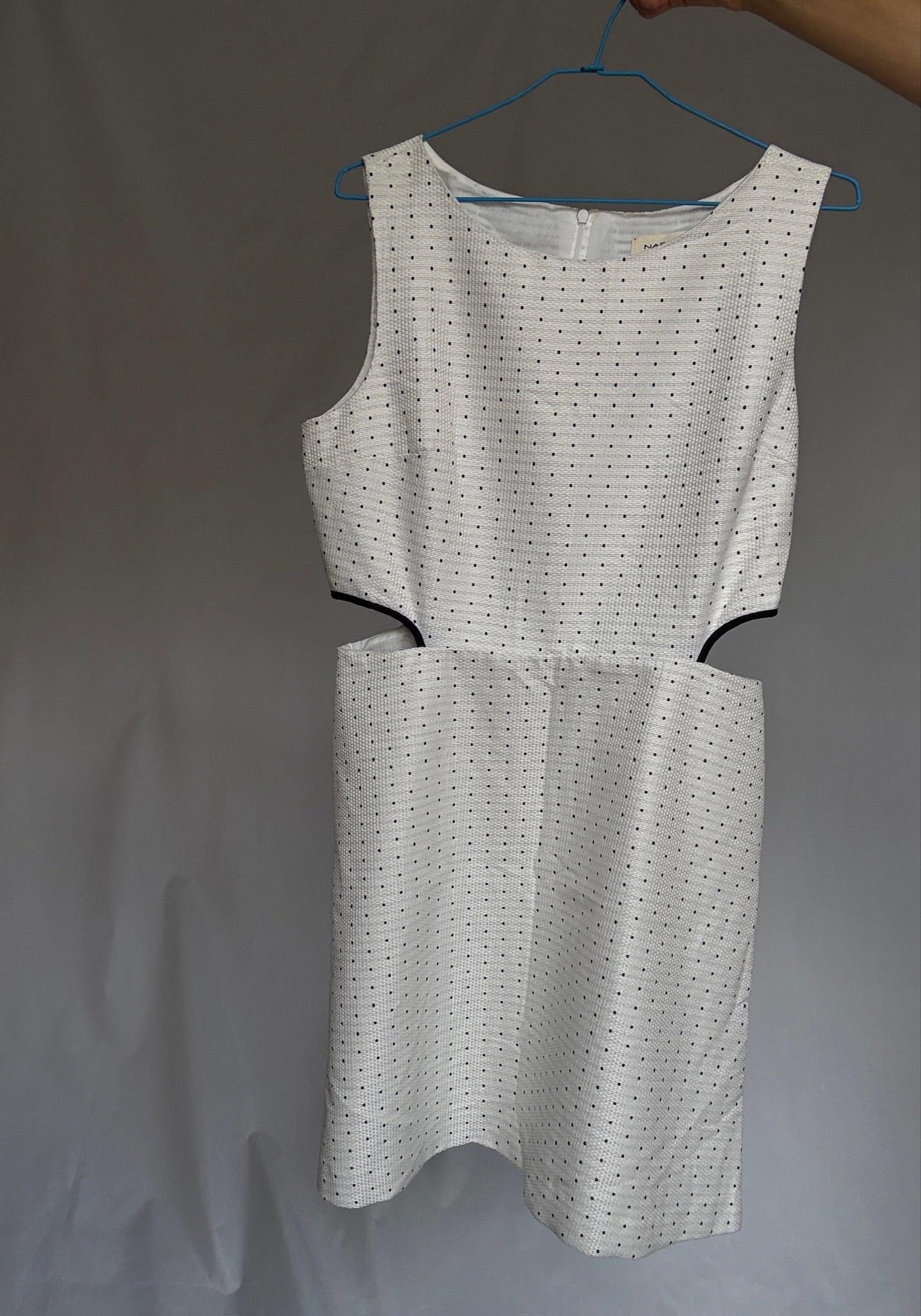 Naf Naf cotton mini dress with side cutouts and back zip US letter size M White with navy dots, structured sleeveless fit