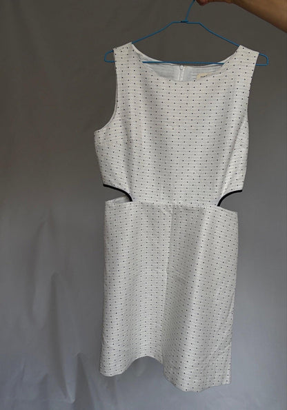 Naf Naf cotton mini dress with side cutouts and back zip US letter size M White with navy dots, structured sleeveless fit