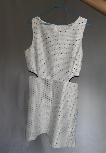 Naf Naf cotton mini dress with side cutouts and back zip US letter size M White with navy dots, structured sleeveless fit