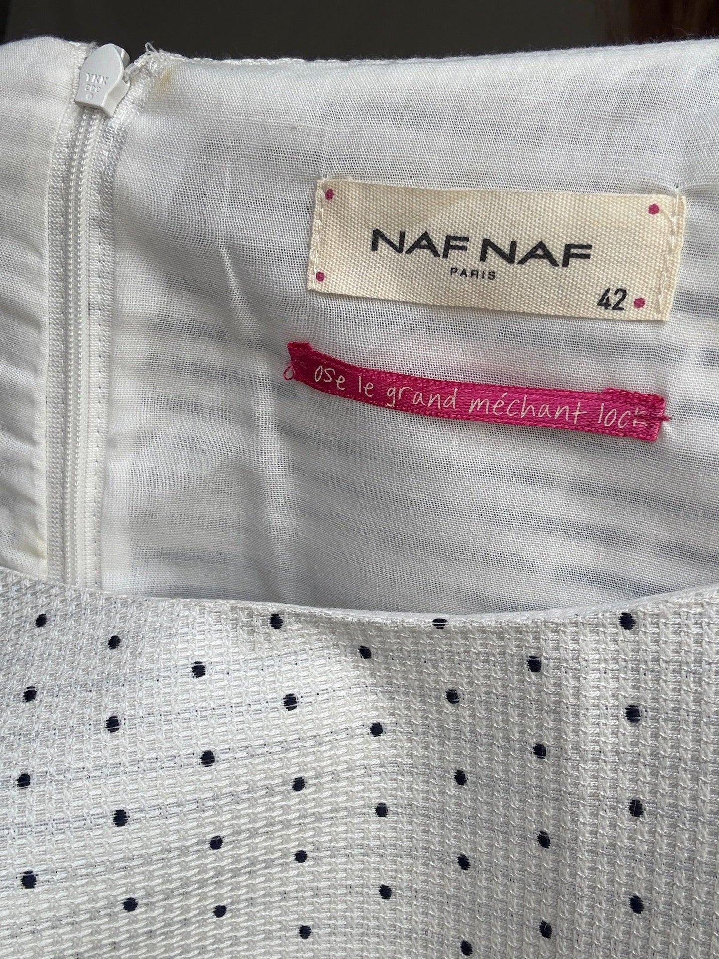 Naf Naf cotton mini dress with side cutouts and back zip US letter size M White with navy dots, structured sleeveless fit