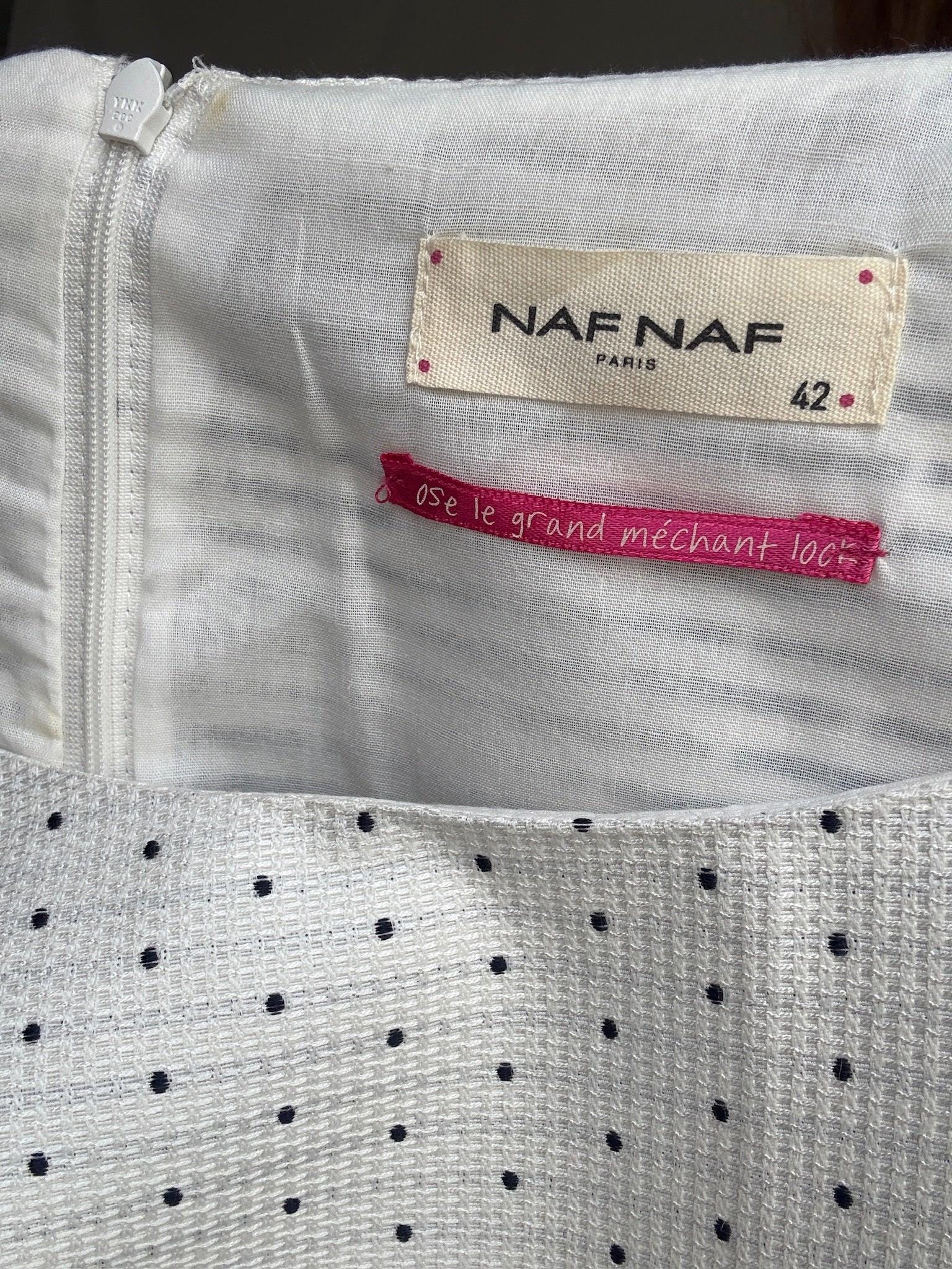 Naf Naf cotton mini dress with side cutouts and back zip US letter size M White with navy dots, structured sleeveless fit