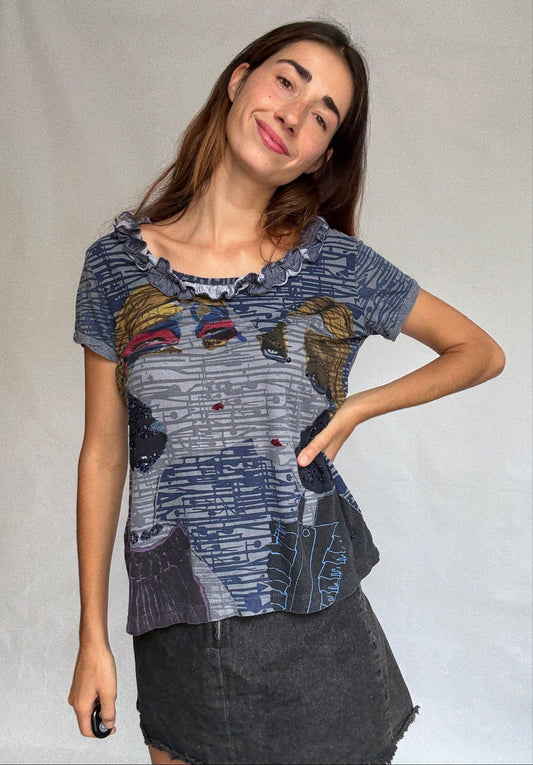 Artistic Face Print Cotton Tee with Sequins — detail