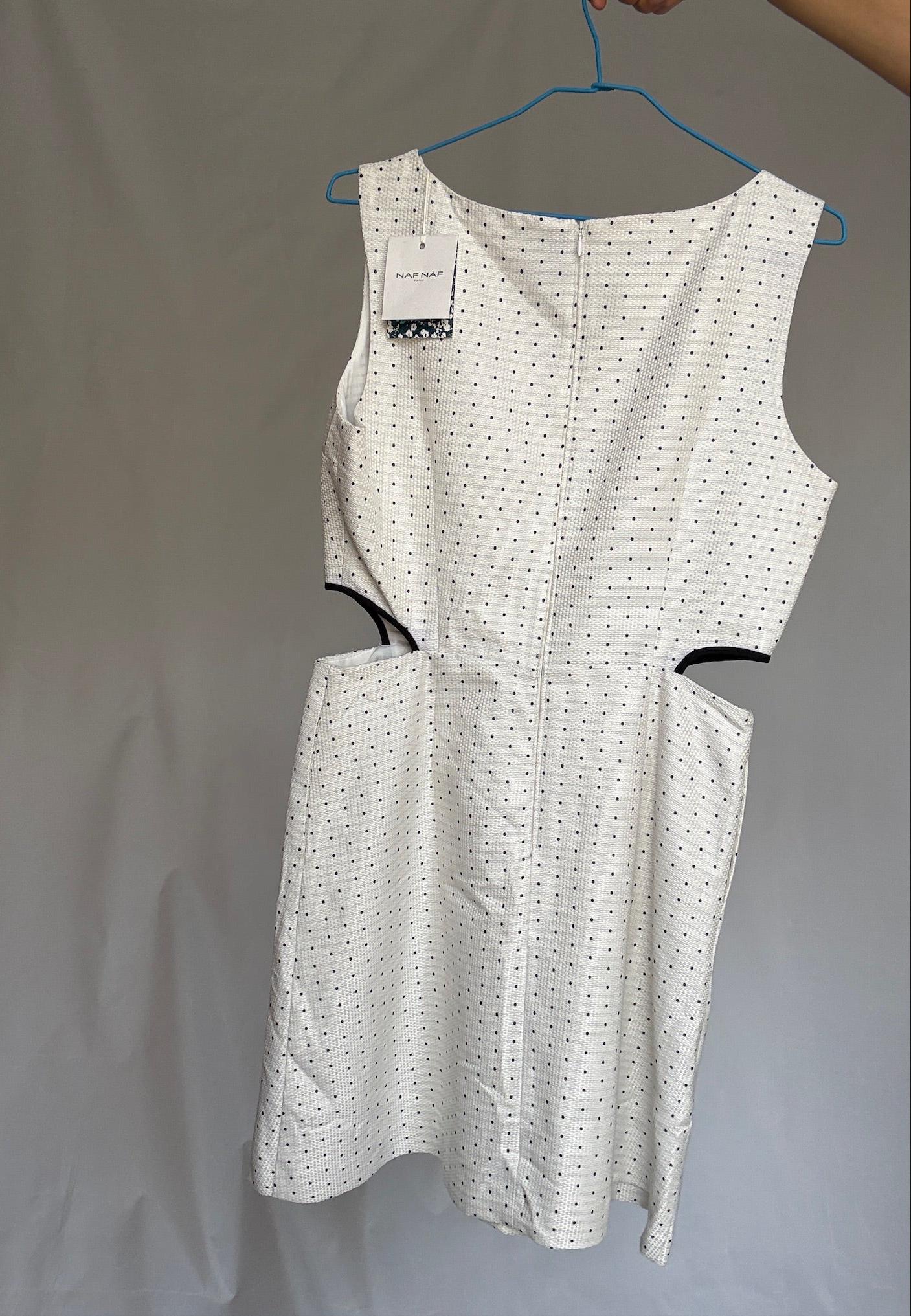 Naf Naf cotton mini dress with side cutouts and back zip US letter size M White with navy dots, structured sleeveless fit