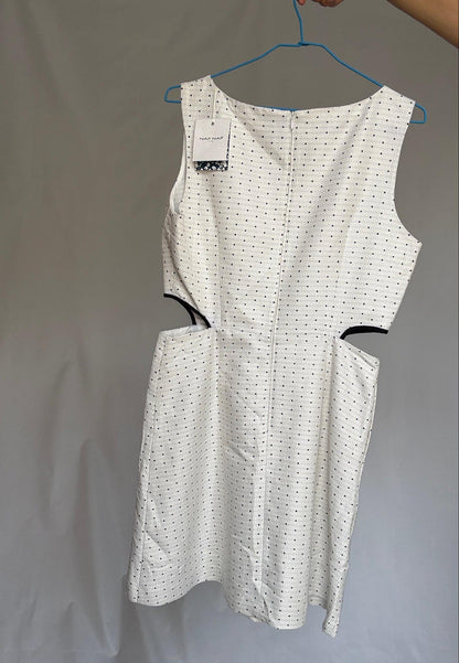 Naf Naf cotton mini dress with side cutouts and back zip US letter size M White with navy dots, structured sleeveless fit