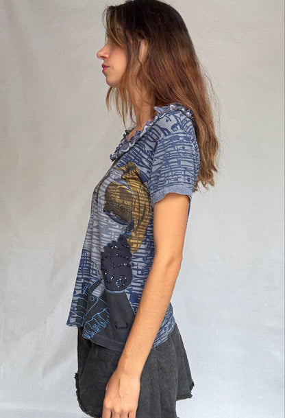 Artistic Face Print Cotton Tee with Sequins — additional view 5