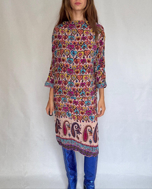 Vintage Tonalá heart and paisley print dress in 100% viscose US letter size M Multicolor bold tunic with 3/4 sleeves