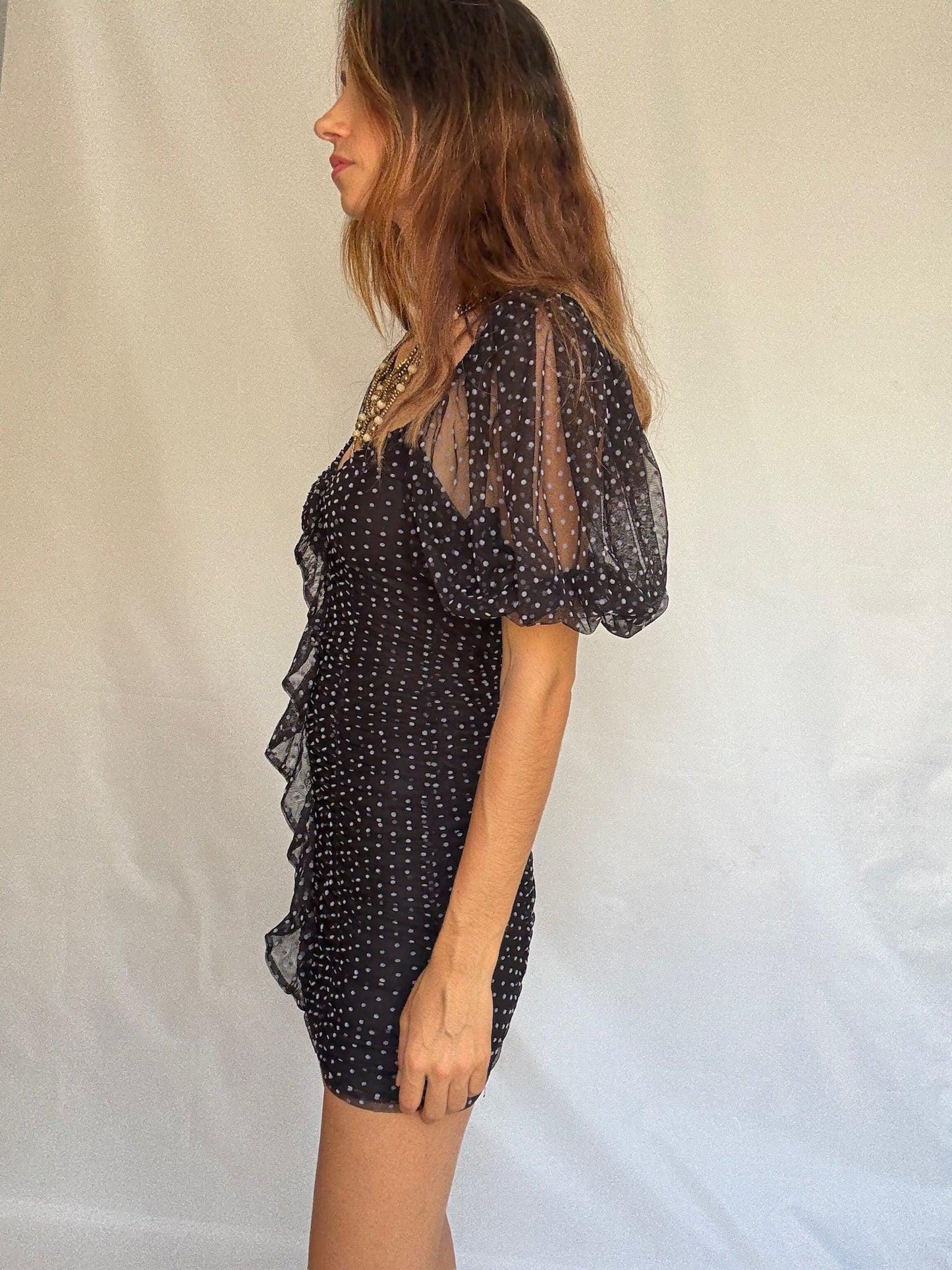 Vintage black sheer polka dot mini dress with puff sleeves US letter size XS Ruched mesh body with back zip and elastic