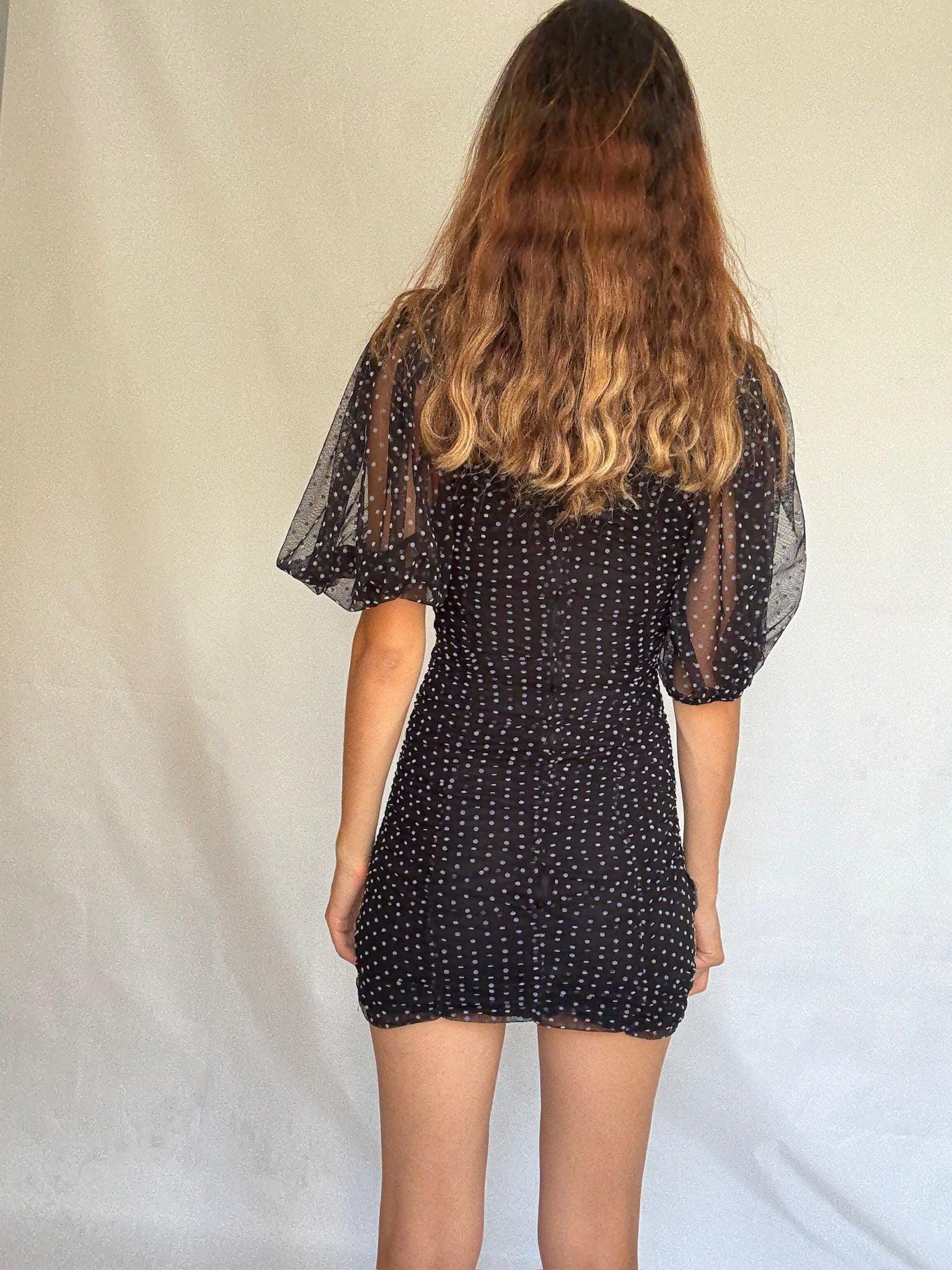 Vintage black sheer polka dot mini dress with puff sleeves US letter size XS Ruched mesh body with back zip and elastic