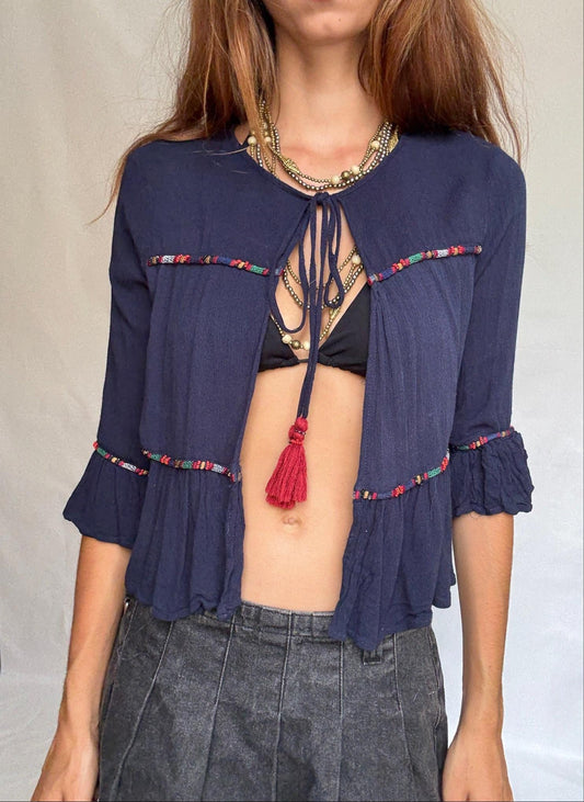 Navy Cotton Blouse with Tassel Ties
