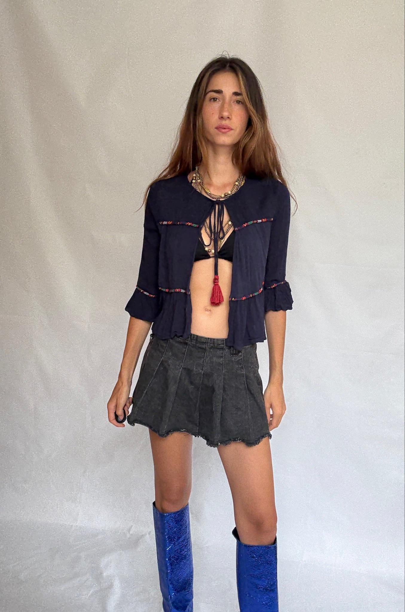Navy Cotton Blouse with Tassel Ties — back view