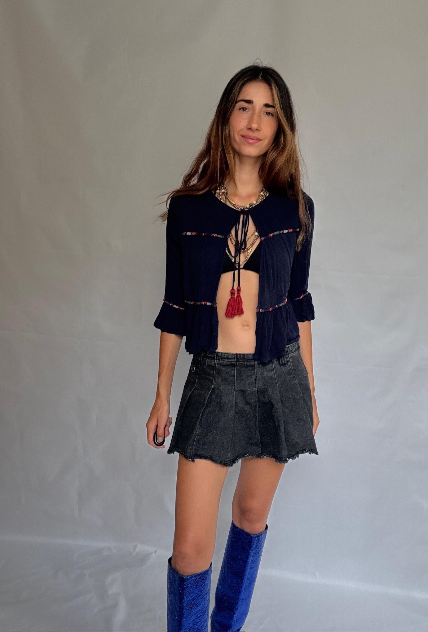 Navy Cotton Blouse with Tassel Ties — fabric close-up