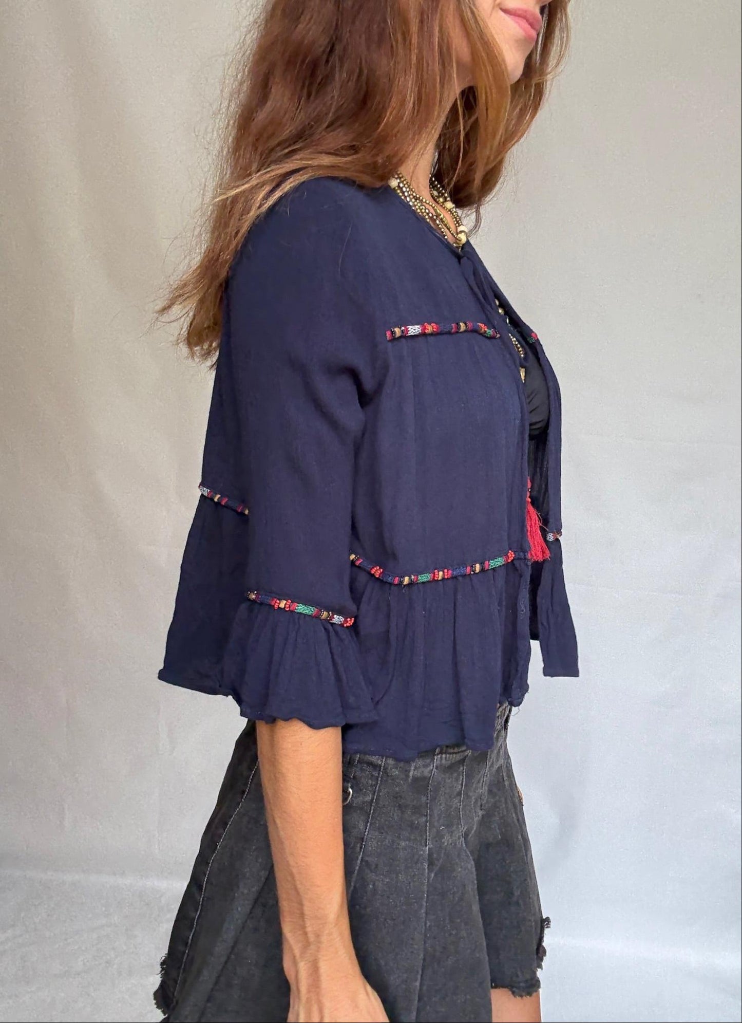 Navy Cotton Blouse with Tassel Ties — additional view 7