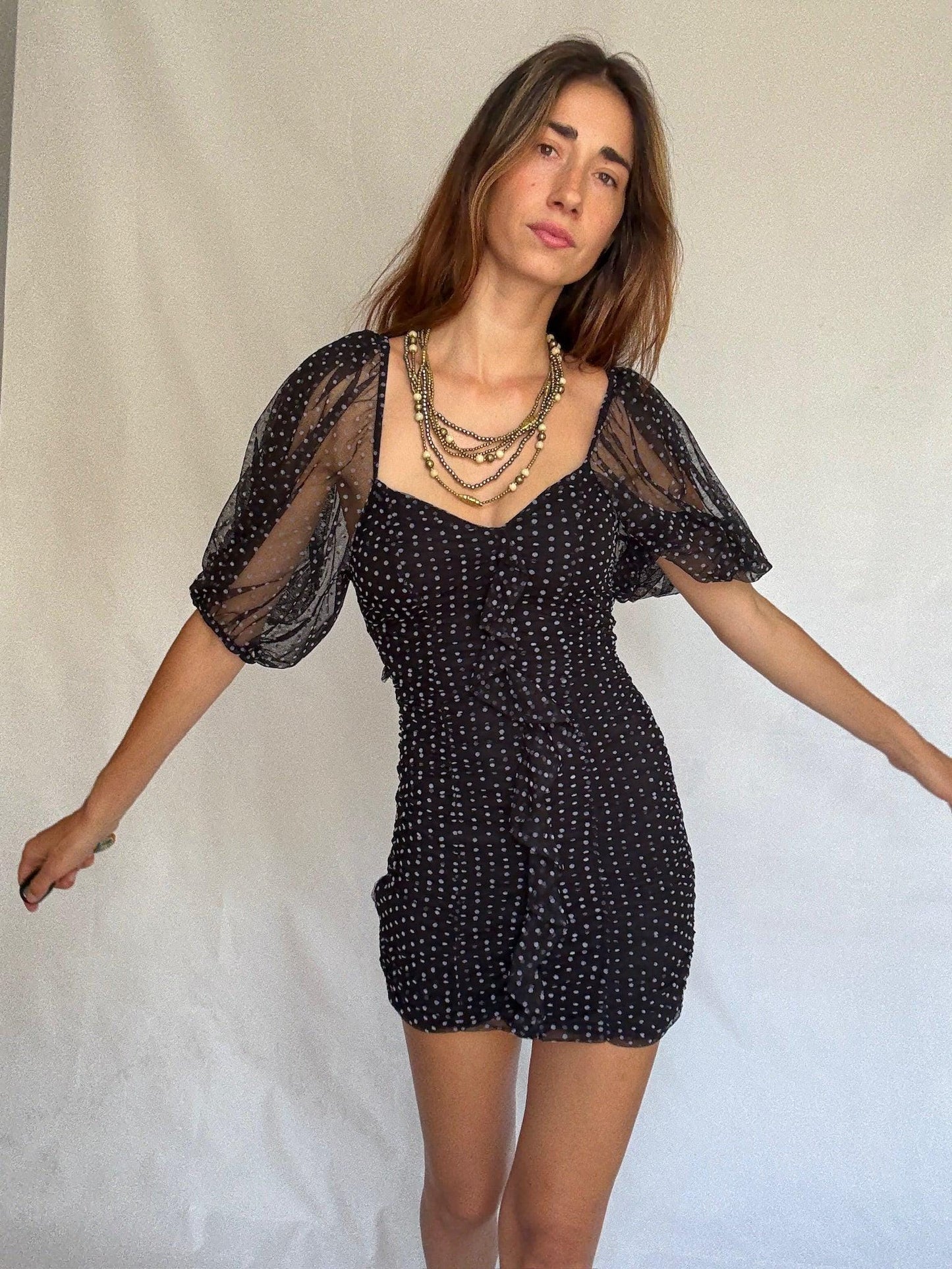Vintage black sheer polka dot mini dress with puff sleeves US letter size XS Ruched mesh body with back zip and elastic